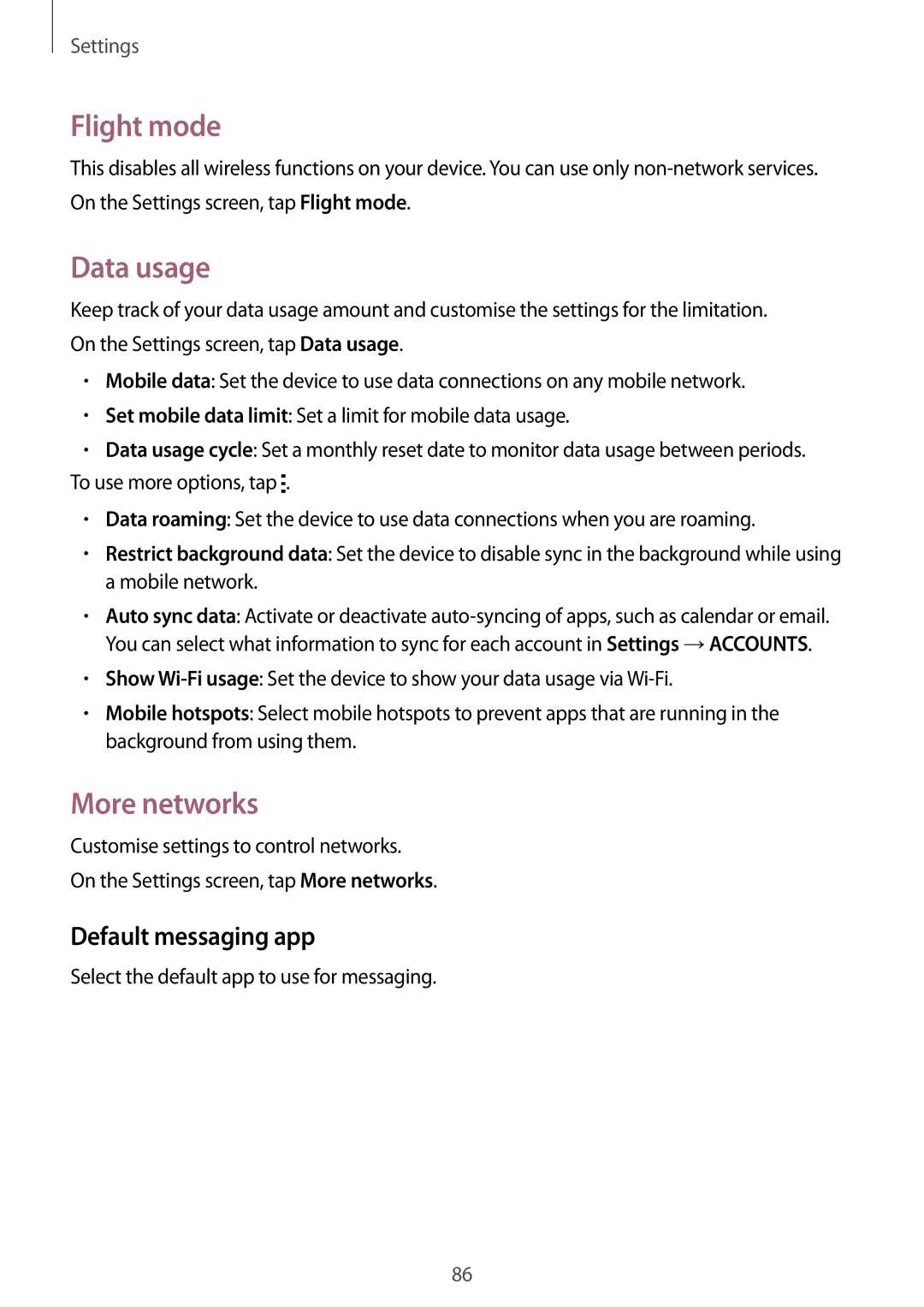 Samsung SM-G110HZKADBT, SM-G110HZKAXEO, SM-G110HZWADBT manual Flight mode, Data usage, More networks, Default messaging app 