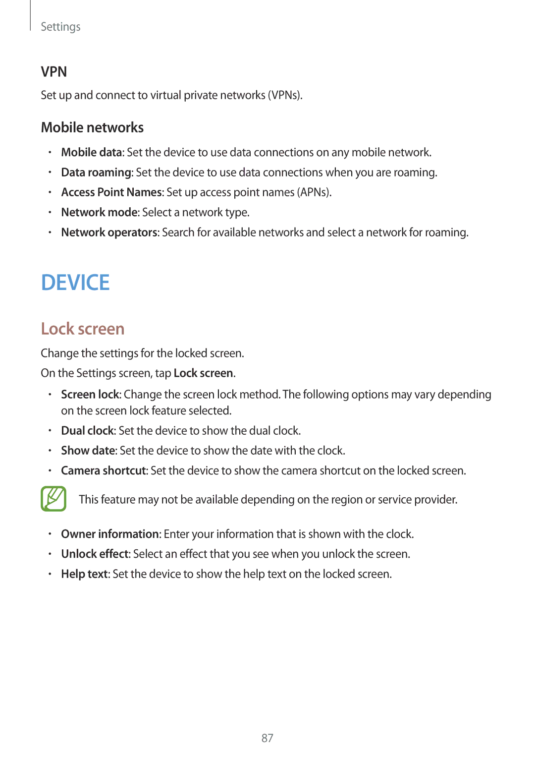 Samsung SM-G110HZWAXEO, SM-G110HZKAXEO, SM-G110HZWADBT, SM-G110HZKADBT, SM-G110HZWATPH manual Lock screen, Mobile networks 