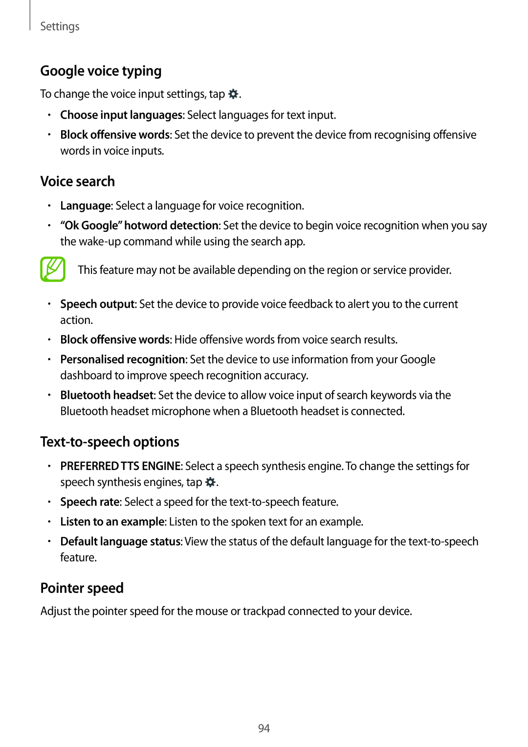 Samsung SM-G110HZKATPH, SM-G110HZKAXEO, SM-G110HZWADBT manual Google voice typing, Text-to-speech options, Pointer speed 