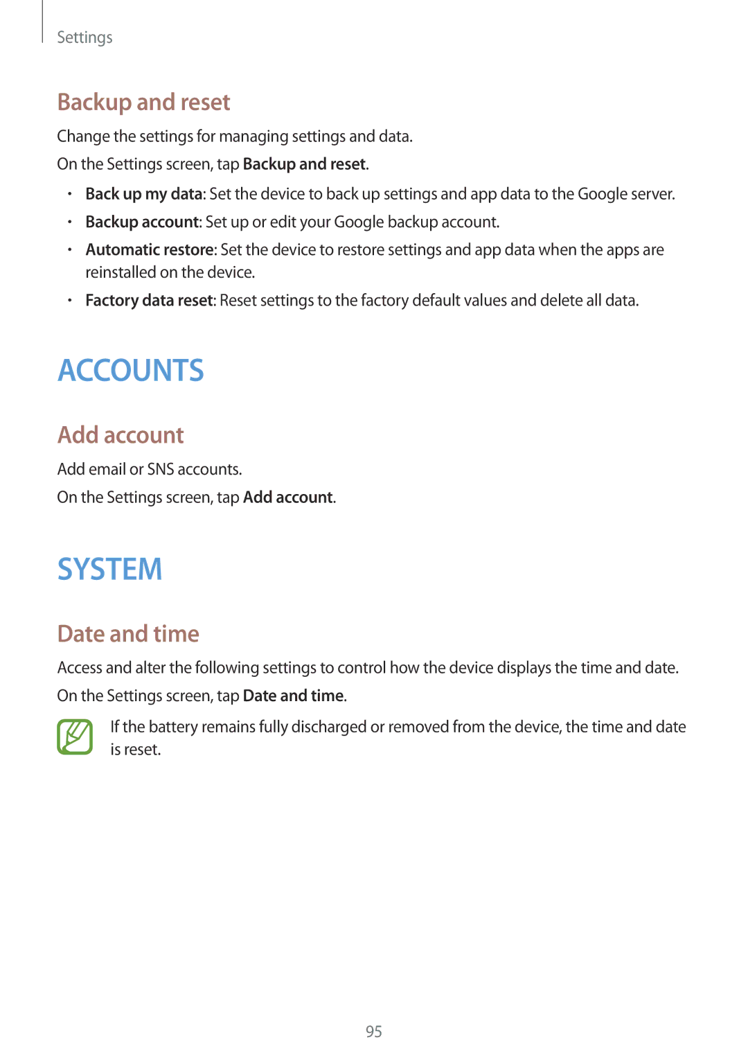 Samsung SM-G110HZWAMEO, SM-G110HZKAXEO, SM-G110HZWADBT, SM-G110HZKADBT manual Backup and reset, Add account, Date and time 