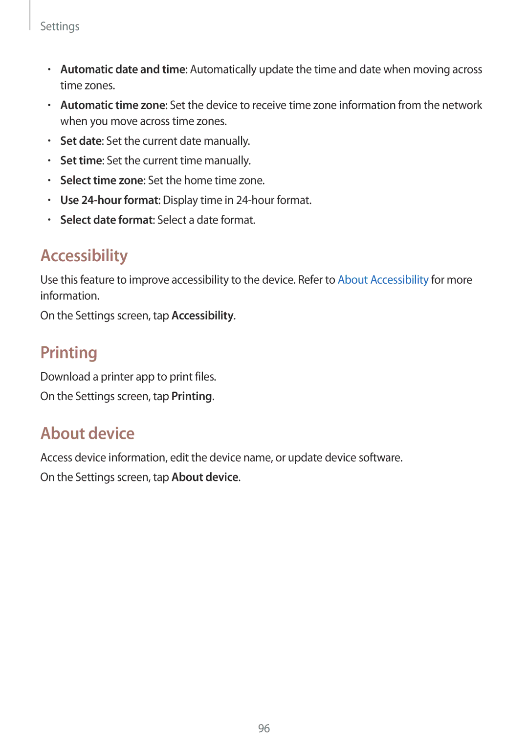 Samsung SM-G110HZWAXEF, SM-G110HZKAXEO, SM-G110HZWADBT, SM-G110HZKADBT, SM-G110HZWAXEO Accessibility, Printing, About device 