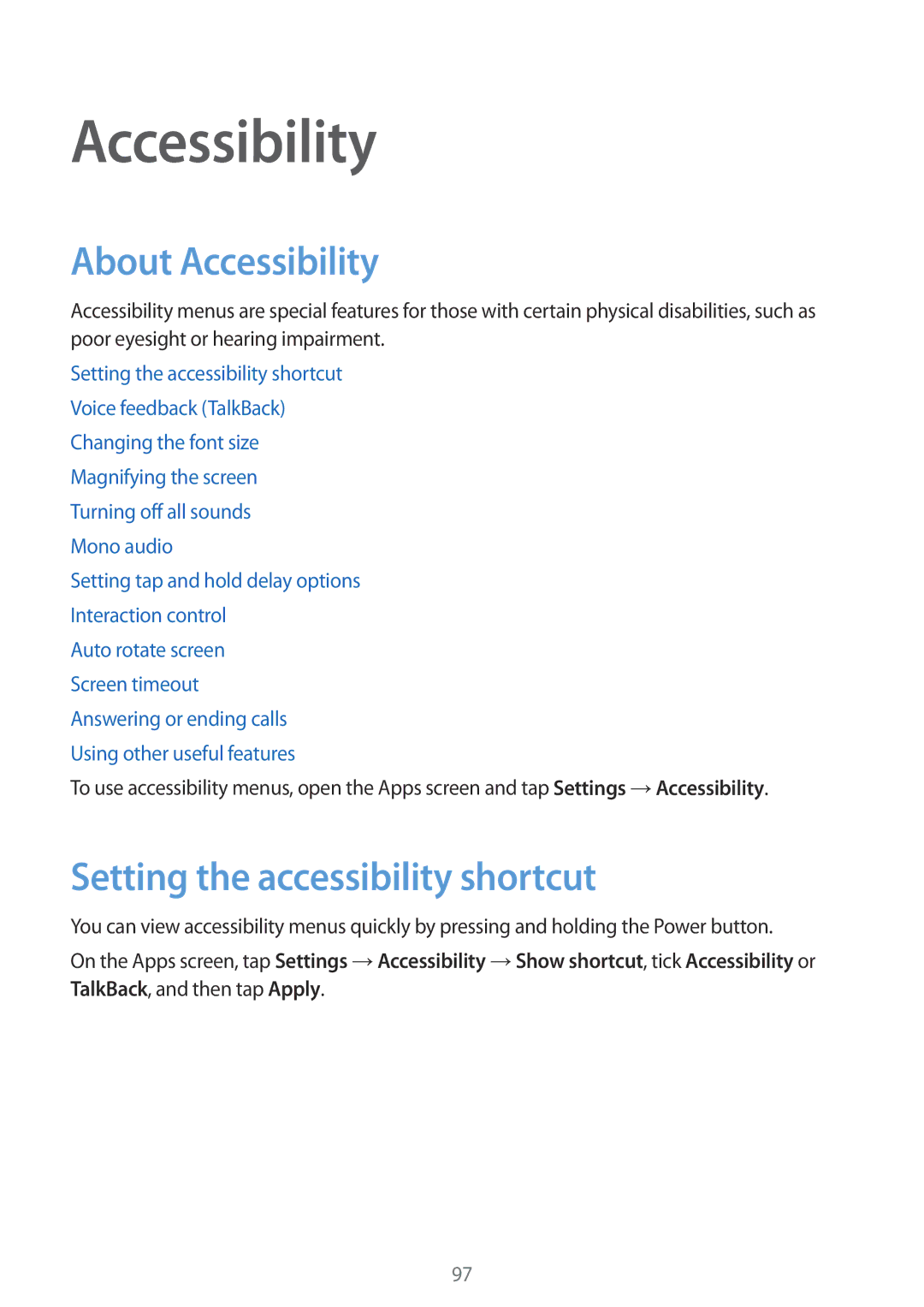 Samsung SM-G110HZKAXEF, SM-G110HZKAXEO, SM-G110HZWADBT manual About Accessibility, Setting the accessibility shortcut 