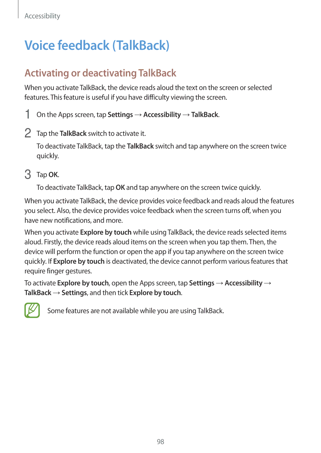 Samsung SM-G110HZKAITV, SM-G110HZKAXEO, SM-G110HZWADBT manual Voice feedback TalkBack, Activating or deactivating TalkBack 