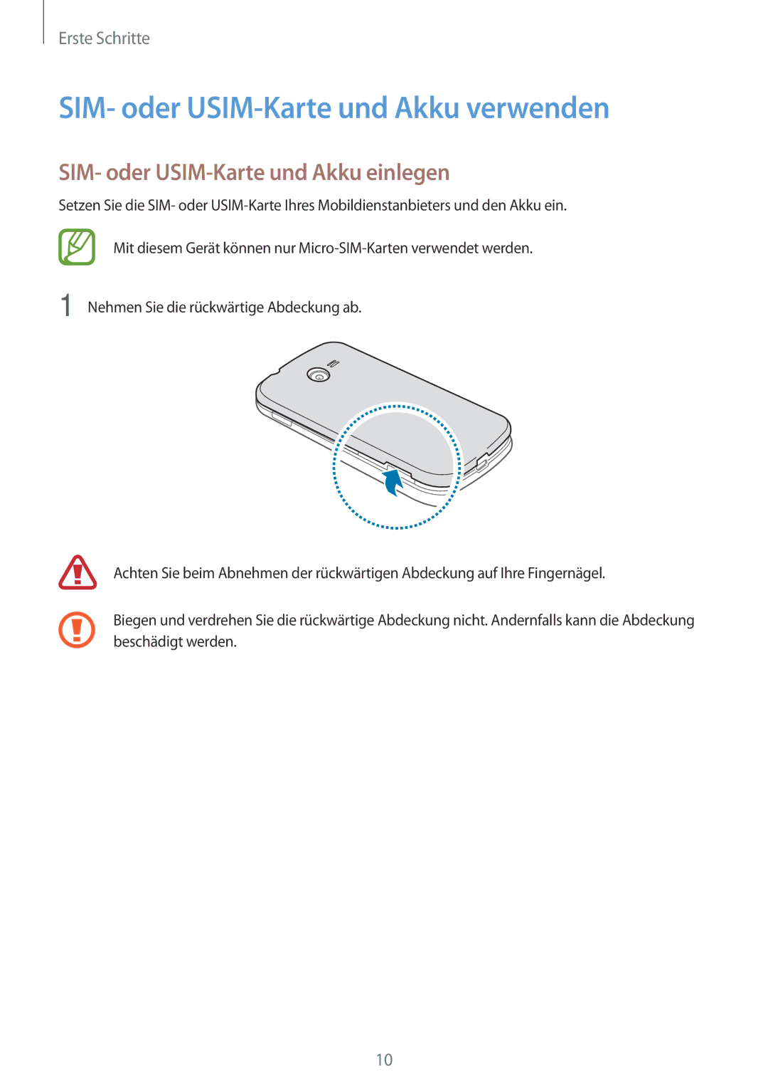 Samsung SM-G110HZKATPH, SM-G110HZKAXEO SIM- oder USIM-Karte und Akku verwenden, SIM- oder USIM-Karte und Akku einlegen 