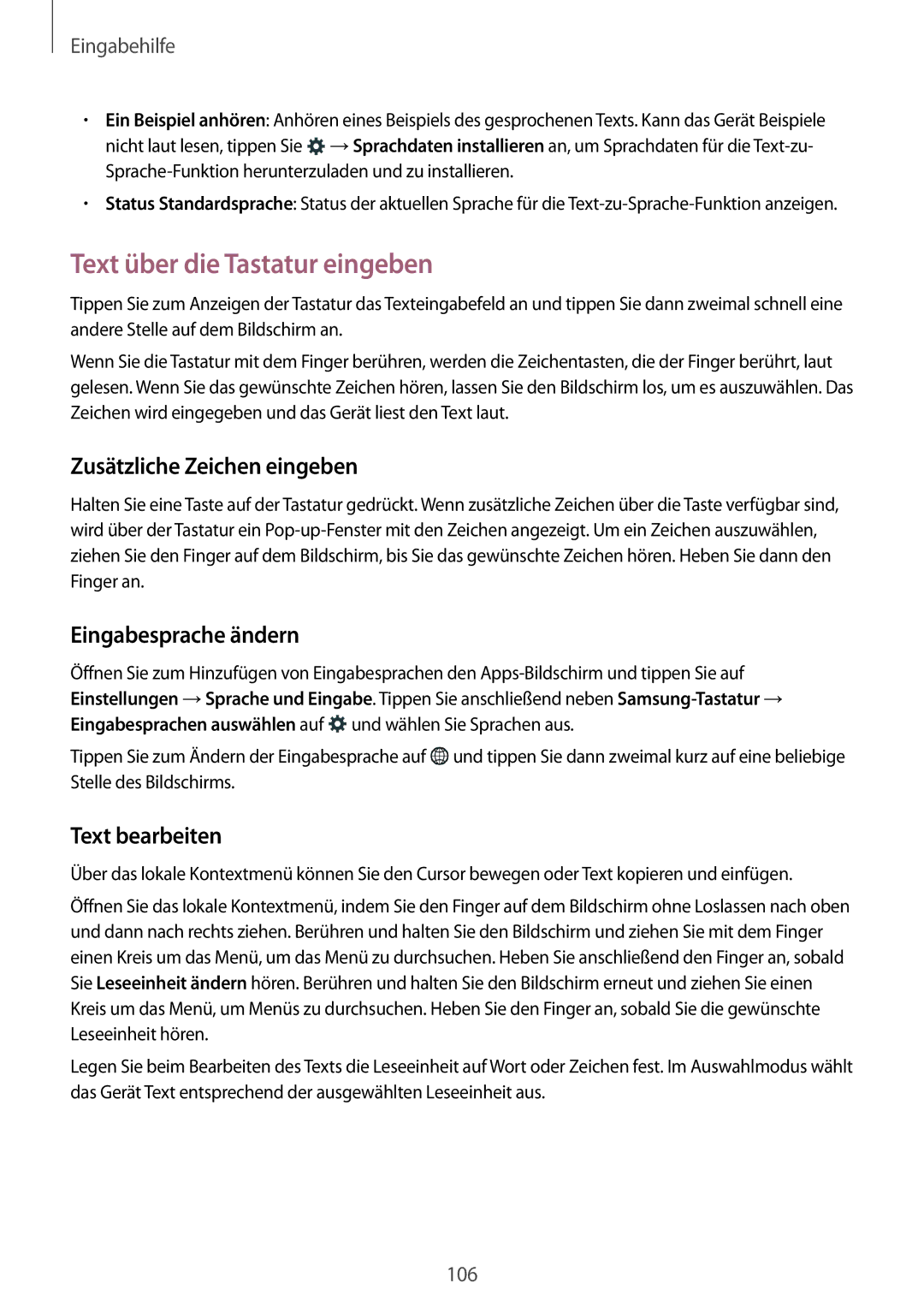 Samsung SM-G110HZKAEUR, SM-G110HZKAXEO manual Text über die Tastatur eingeben, Zusätzliche Zeichen eingeben, Text bearbeiten 