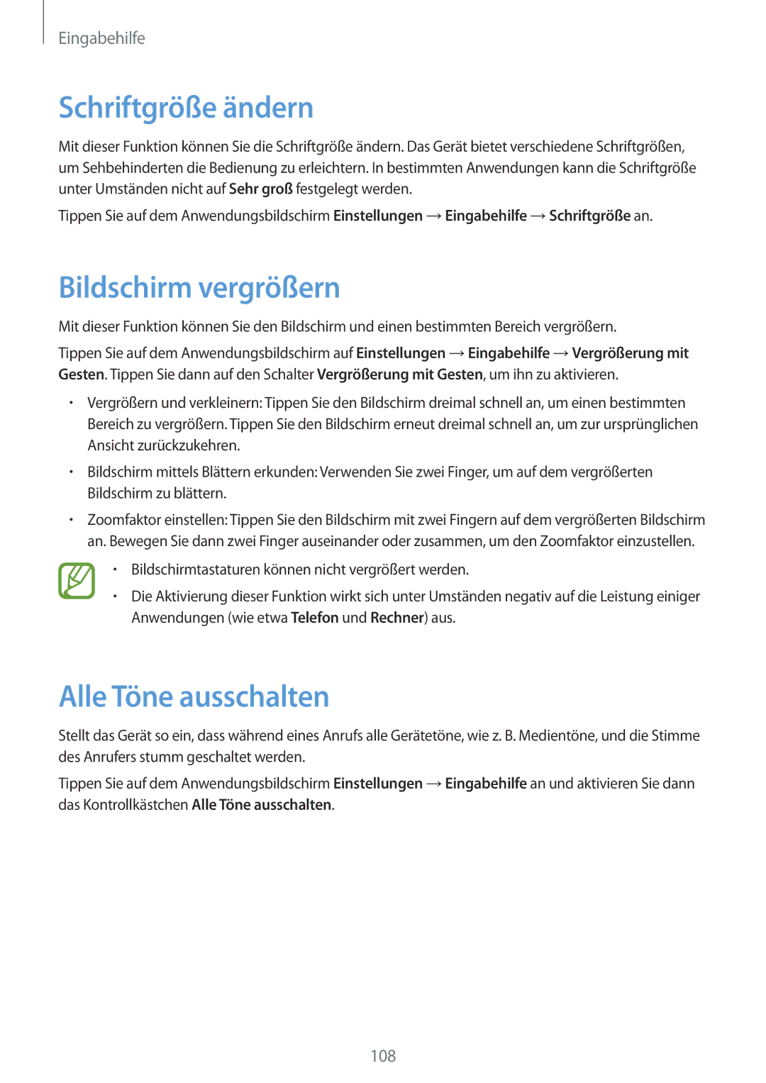 Samsung SM-G110HZKATPH, SM-G110HZKAXEO, SM-G110HZWADBT Schriftgröße ändern, Bildschirm vergrößern, Alle Töne ausschalten 