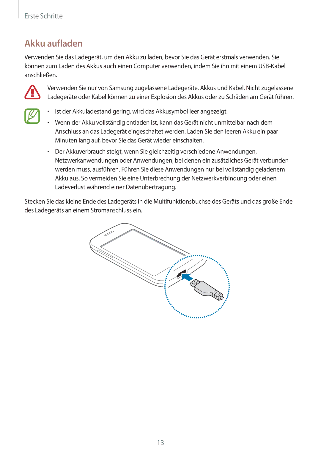 Samsung SM-G110HZKAXEF, SM-G110HZKAXEO, SM-G110HZWADBT, SM-G110HZKADBT, SM-G110HZWAXEO, SM-G110HZWATPH manual Akku aufladen 