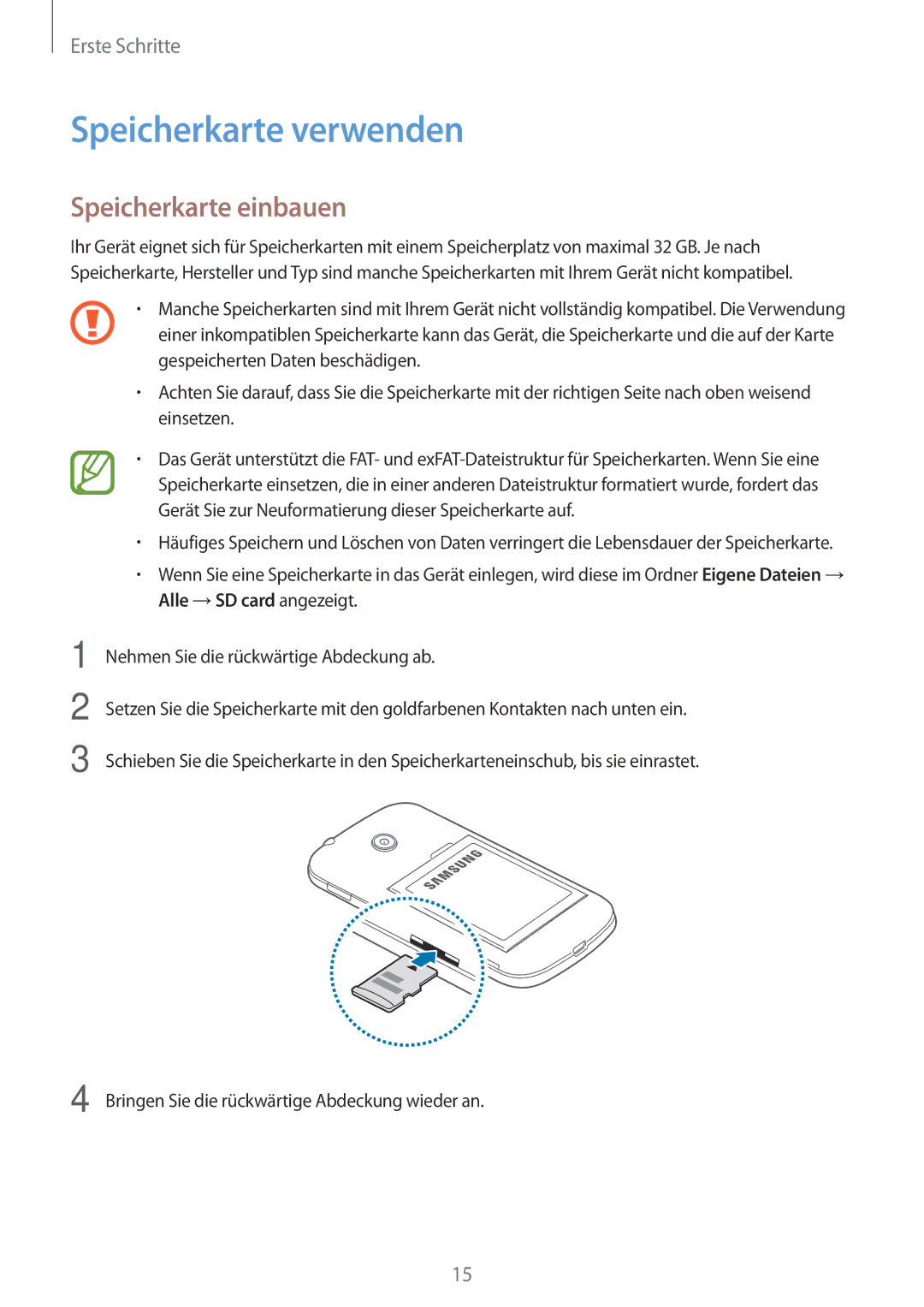 Samsung SM-G110HZWADBT, SM-G110HZKAXEO, SM-G110HZKADBT, SM-G110HZWAXEO manual Speicherkarte verwenden, Speicherkarte einbauen 