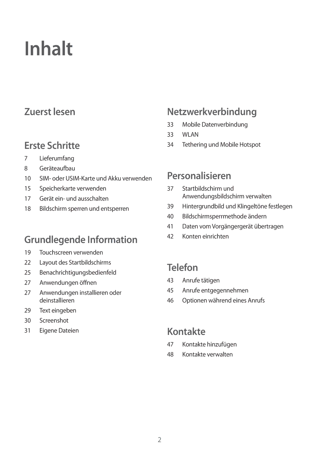 Samsung SM-G110HZKADBT, SM-G110HZKAXEO, SM-G110HZWADBT, SM-G110HZWAXEO, SM-G110HZWATPH Inhalt, Zuerst lesen Erste Schritte 