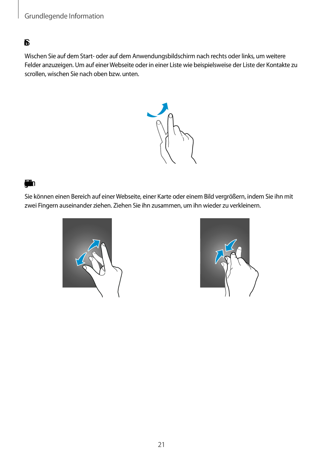 Samsung SM-G110HZKAMEO, SM-G110HZKAXEO, SM-G110HZWADBT, SM-G110HZKADBT manual Streichen, Finger spreizen oder zusammenführen 