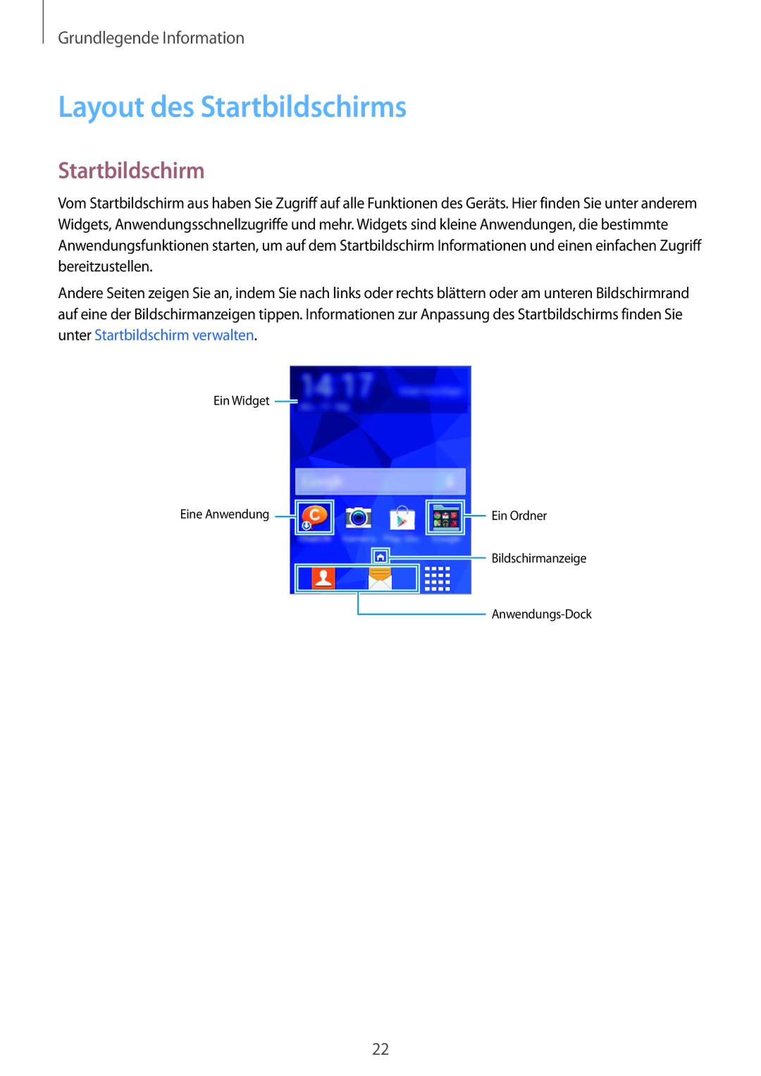 Samsung SM-G110HZKAEUR, SM-G110HZKAXEO, SM-G110HZWADBT, SM-G110HZKADBT, SM-G110HZWAXEO manual Layout des Startbildschirms 