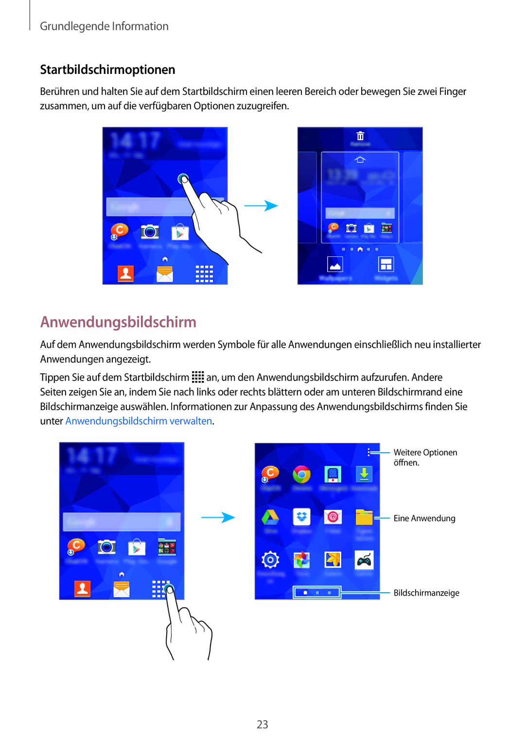 Samsung SM-G110HZKACOS, SM-G110HZKAXEO, SM-G110HZWADBT, SM-G110HZKADBT manual Anwendungsbildschirm, Startbildschirmoptionen 