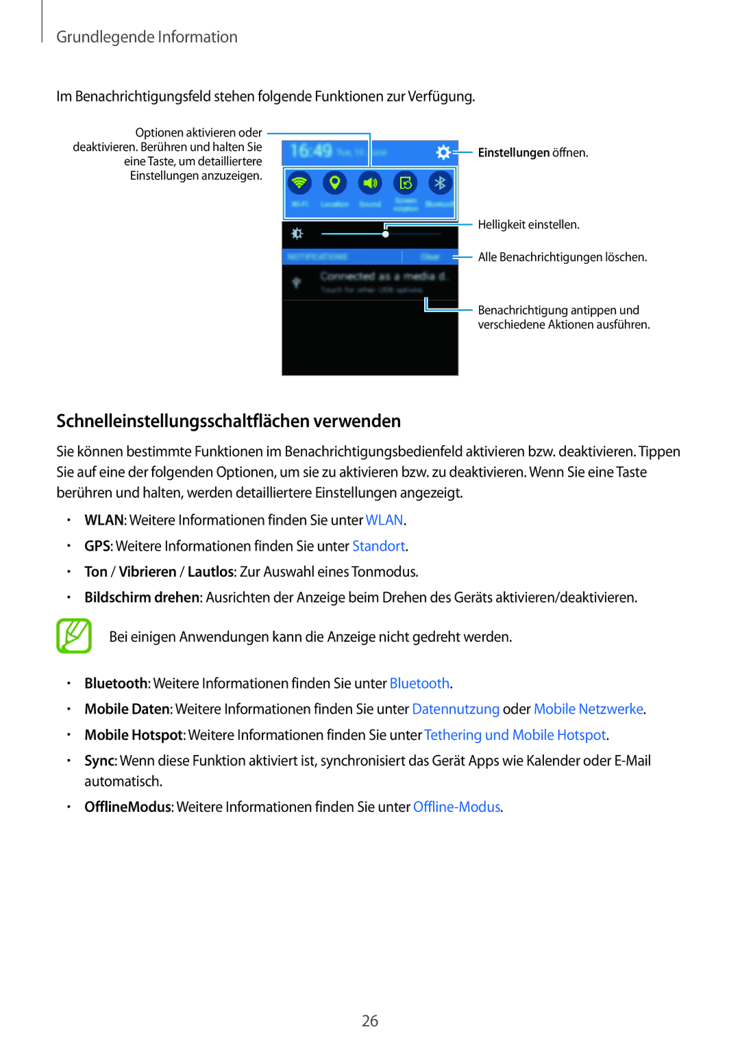 Samsung SM-G110HZWAXEF, SM-G110HZKAXEO, SM-G110HZWADBT Schnelleinstellungsschaltflächen verwenden, Einstellungen öffnen 