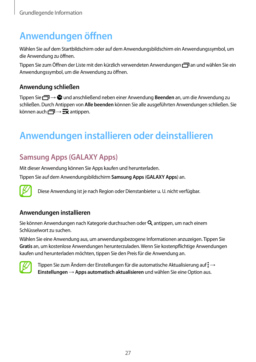 Samsung SM-G110HZKAXEF manual Anwendungen öffnen, Anwendungen installieren oder deinstallieren, Samsung Apps Galaxy Apps 