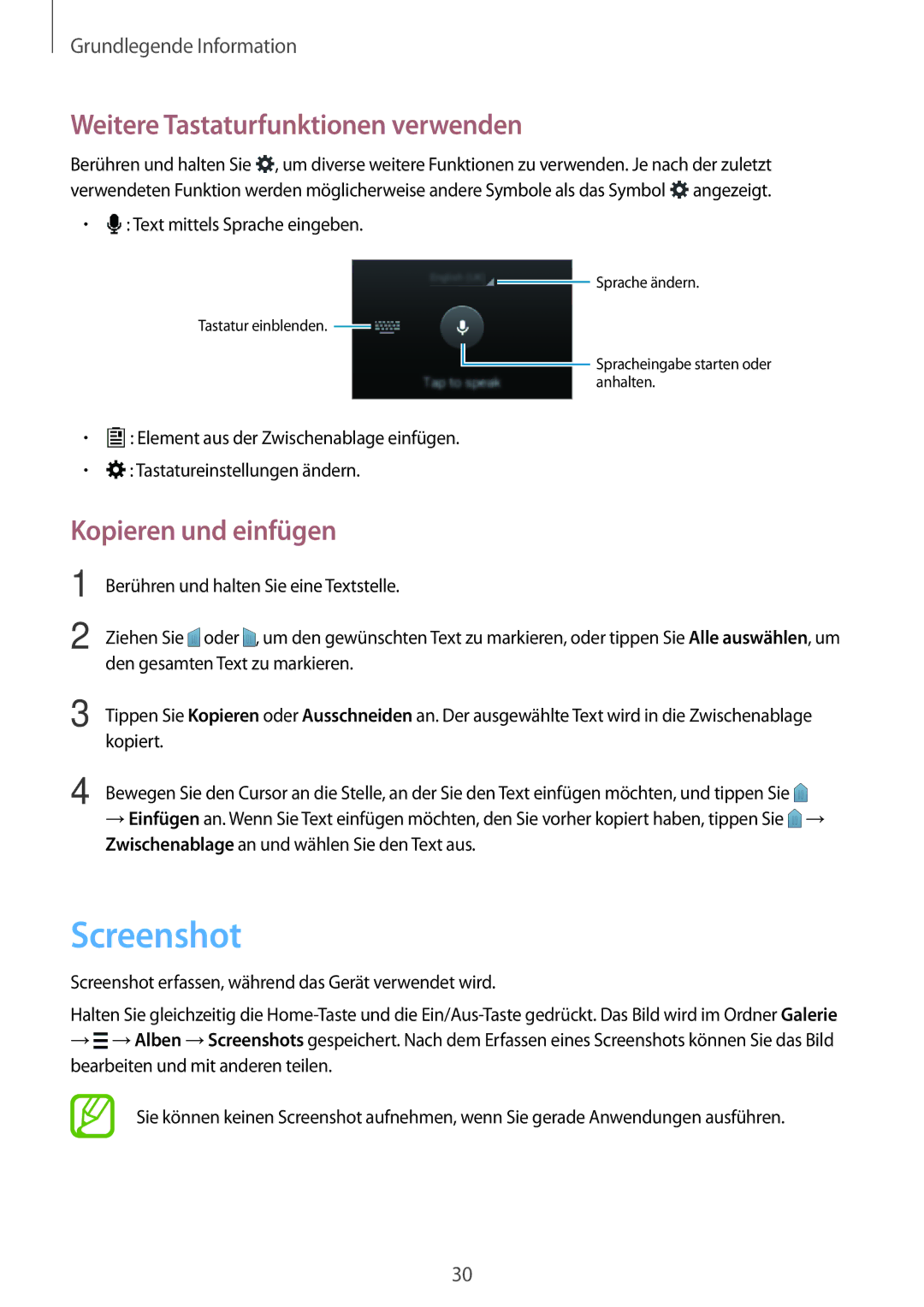 Samsung SM-G110HZKADBT, SM-G110HZKAXEO manual Screenshot, Weitere Tastaturfunktionen verwenden, Kopieren und einfügen 