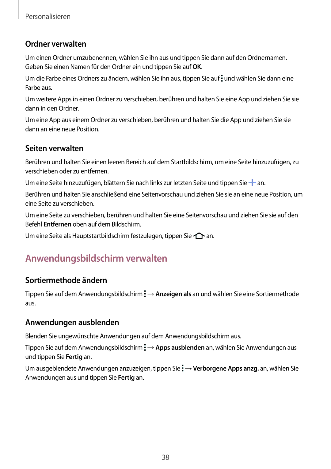 Samsung SM-G110HZKATPH manual Anwendungsbildschirm verwalten, Ordner verwalten, Seiten verwalten, Sortiermethode ändern 