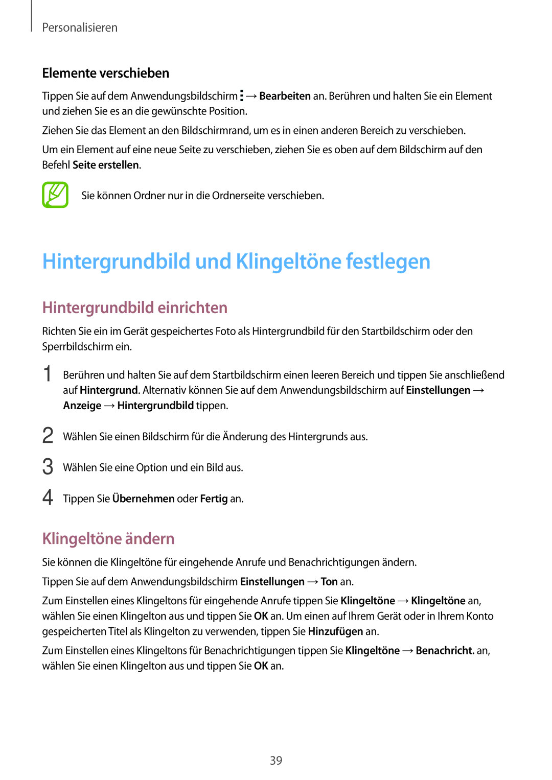 Samsung SM-G110HZWAMEO manual Hintergrundbild und Klingeltöne festlegen, Hintergrundbild einrichten, Klingeltöne ändern 