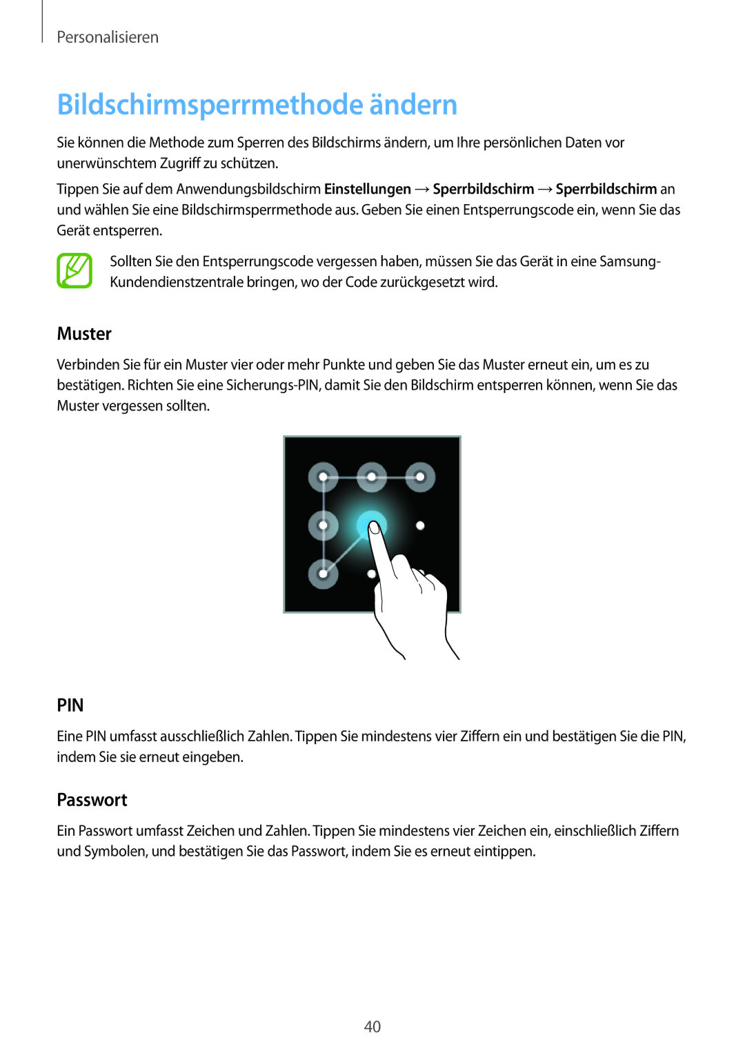 Samsung SM-G110HZWAXEF, SM-G110HZKAXEO, SM-G110HZWADBT, SM-G110HZKADBT manual Bildschirmsperrmethode ändern, Muster, Passwort 