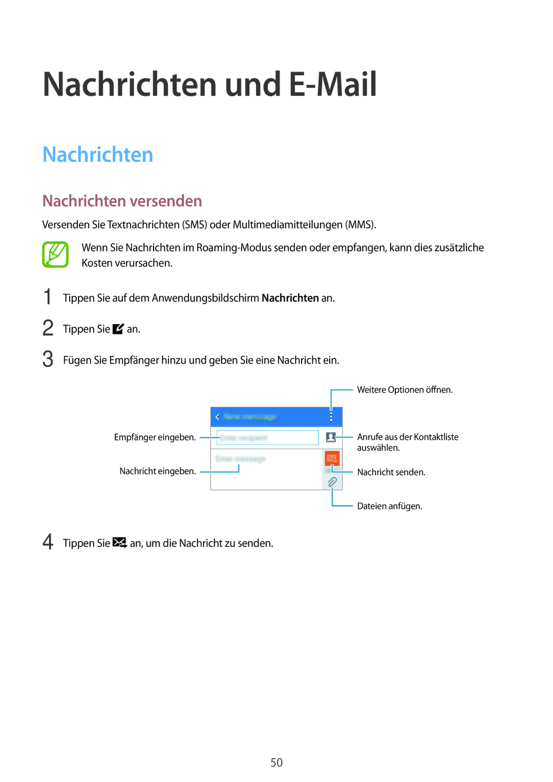 Samsung SM-G110HZKAEUR, SM-G110HZKAXEO, SM-G110HZWADBT, SM-G110HZKADBT manual Nachrichten und E-Mail, Nachrichten versenden 