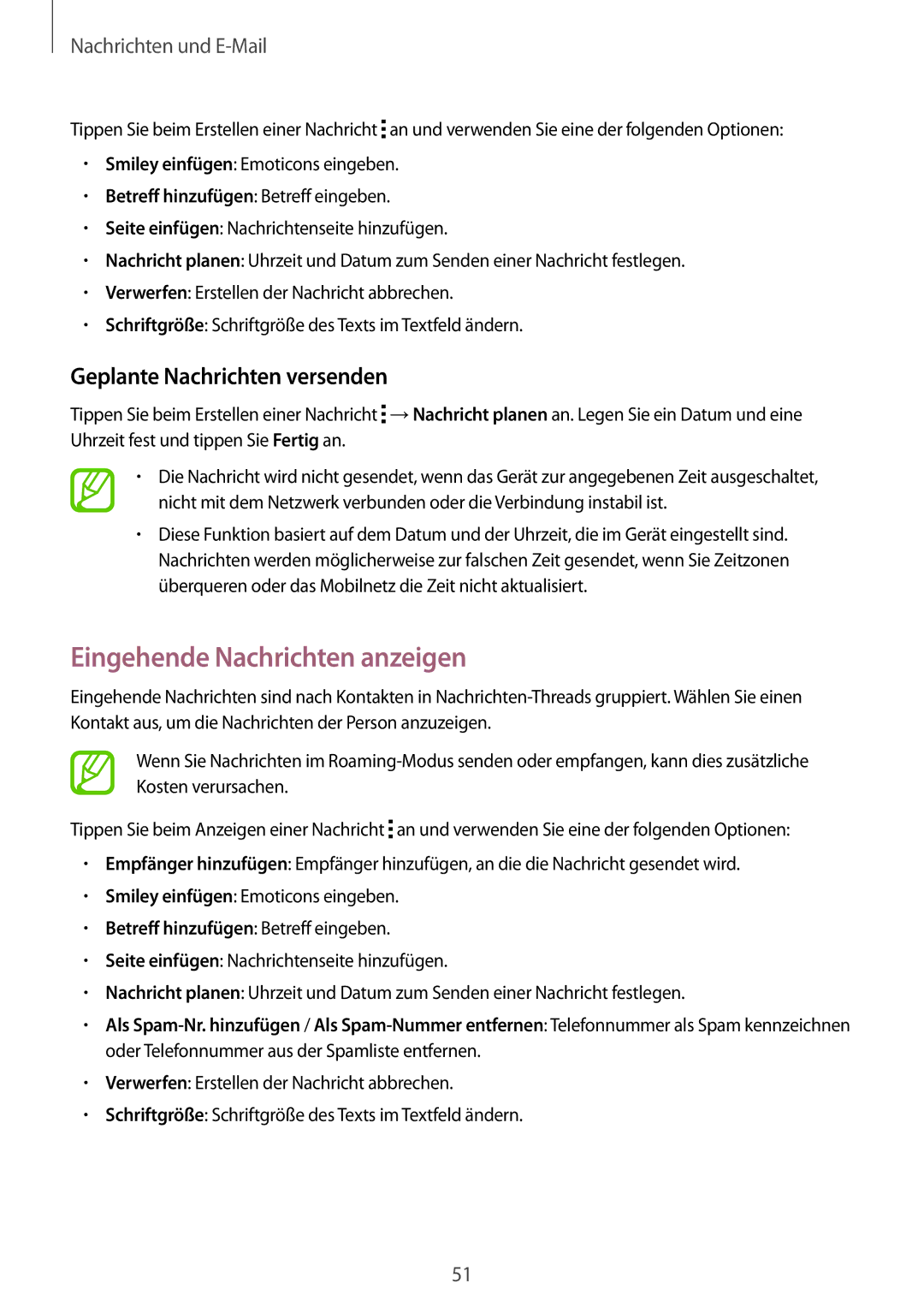 Samsung SM-G110HZKACOS, SM-G110HZKAXEO, SM-G110HZWADBT manual Eingehende Nachrichten anzeigen, Geplante Nachrichten versenden 