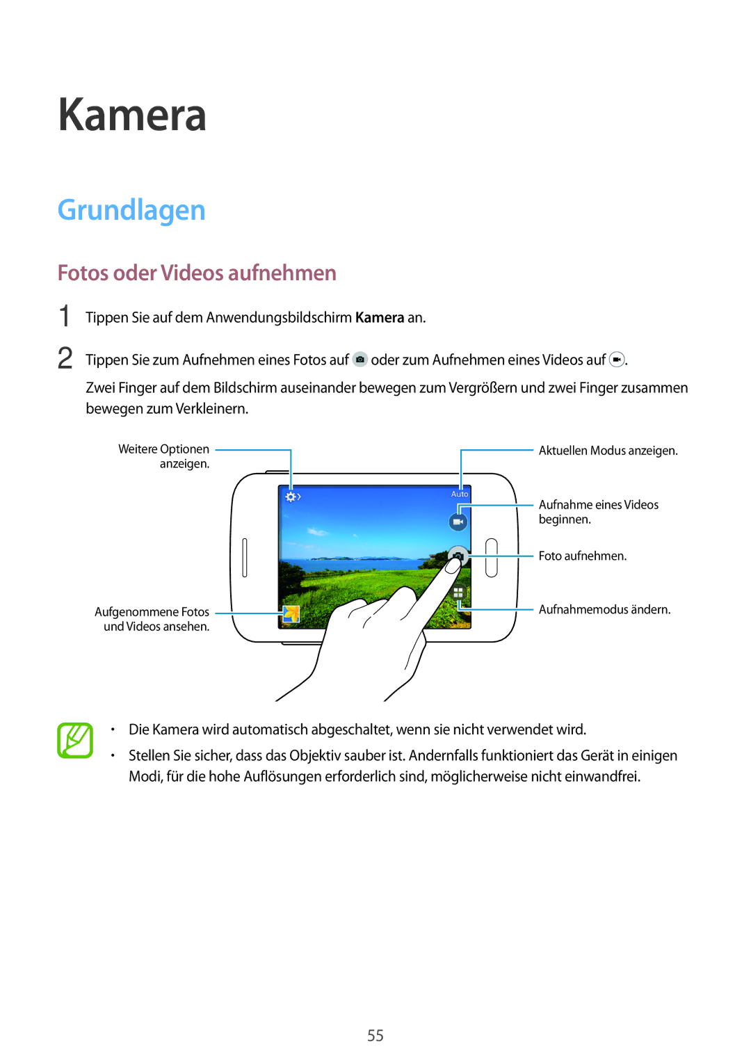 Samsung SM-G110HZKAXEF, SM-G110HZKAXEO, SM-G110HZWADBT, SM-G110HZKADBT manual Kamera, Grundlagen, Fotos oder Videos aufnehmen 