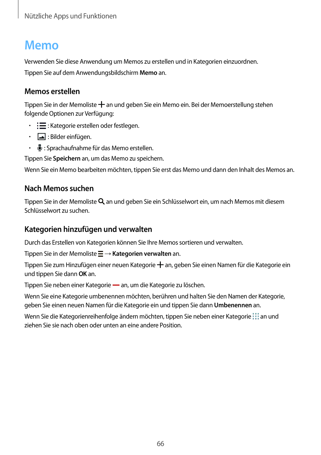 Samsung SM-G110HZKATPH, SM-G110HZKAXEO manual Memos erstellen, Nach Memos suchen, Kategorien hinzufügen und verwalten 