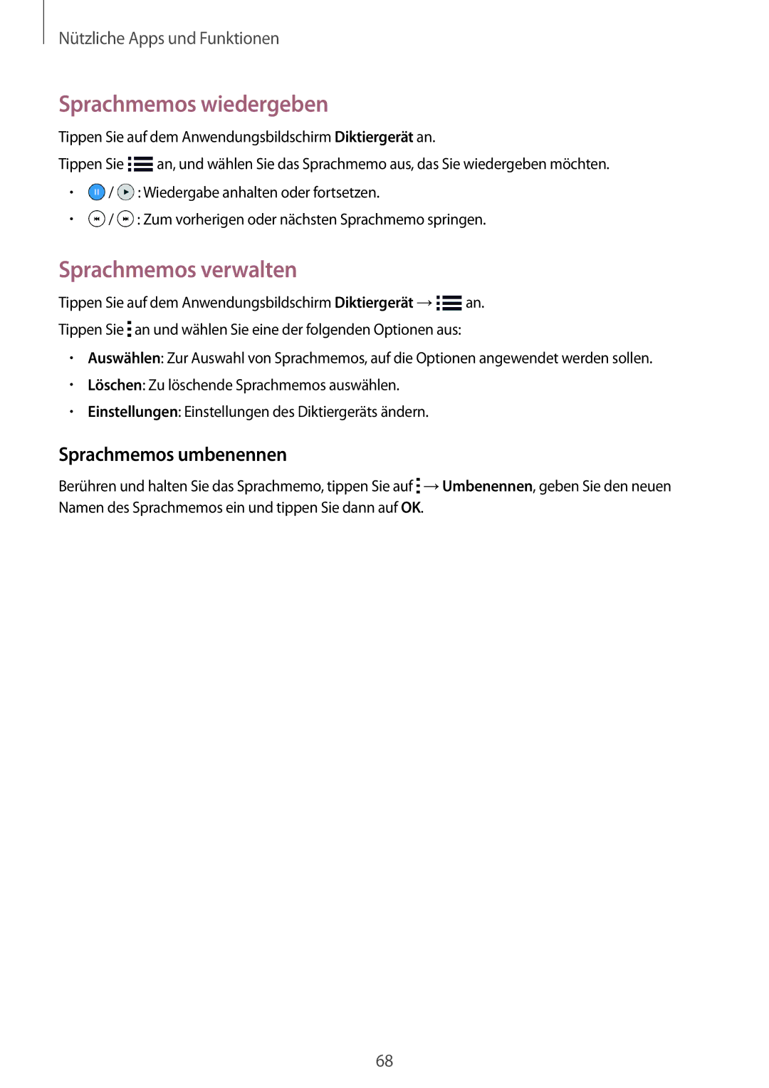 Samsung SM-G110HZWAXEF, SM-G110HZKAXEO manual Sprachmemos wiedergeben, Sprachmemos verwalten, Sprachmemos umbenennen 