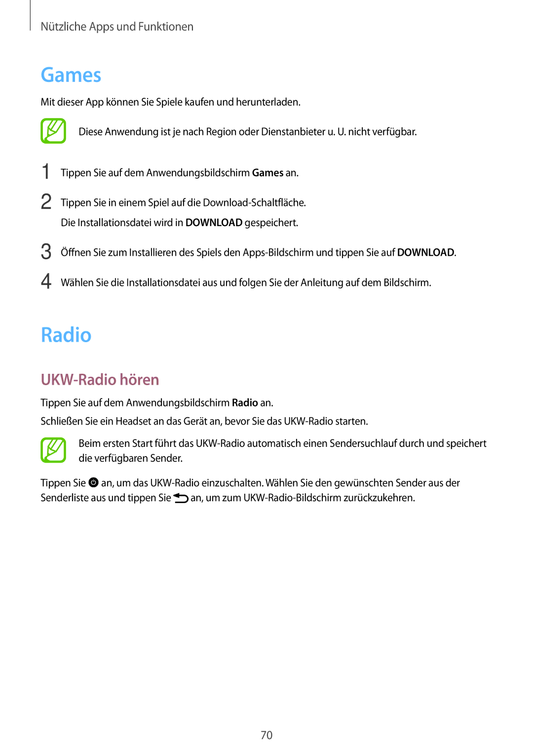 Samsung SM-G110HZKAXEO, SM-G110HZWADBT, SM-G110HZKADBT, SM-G110HZWAXEO, SM-G110HZWATPH manual Games, UKW-Radio hören 