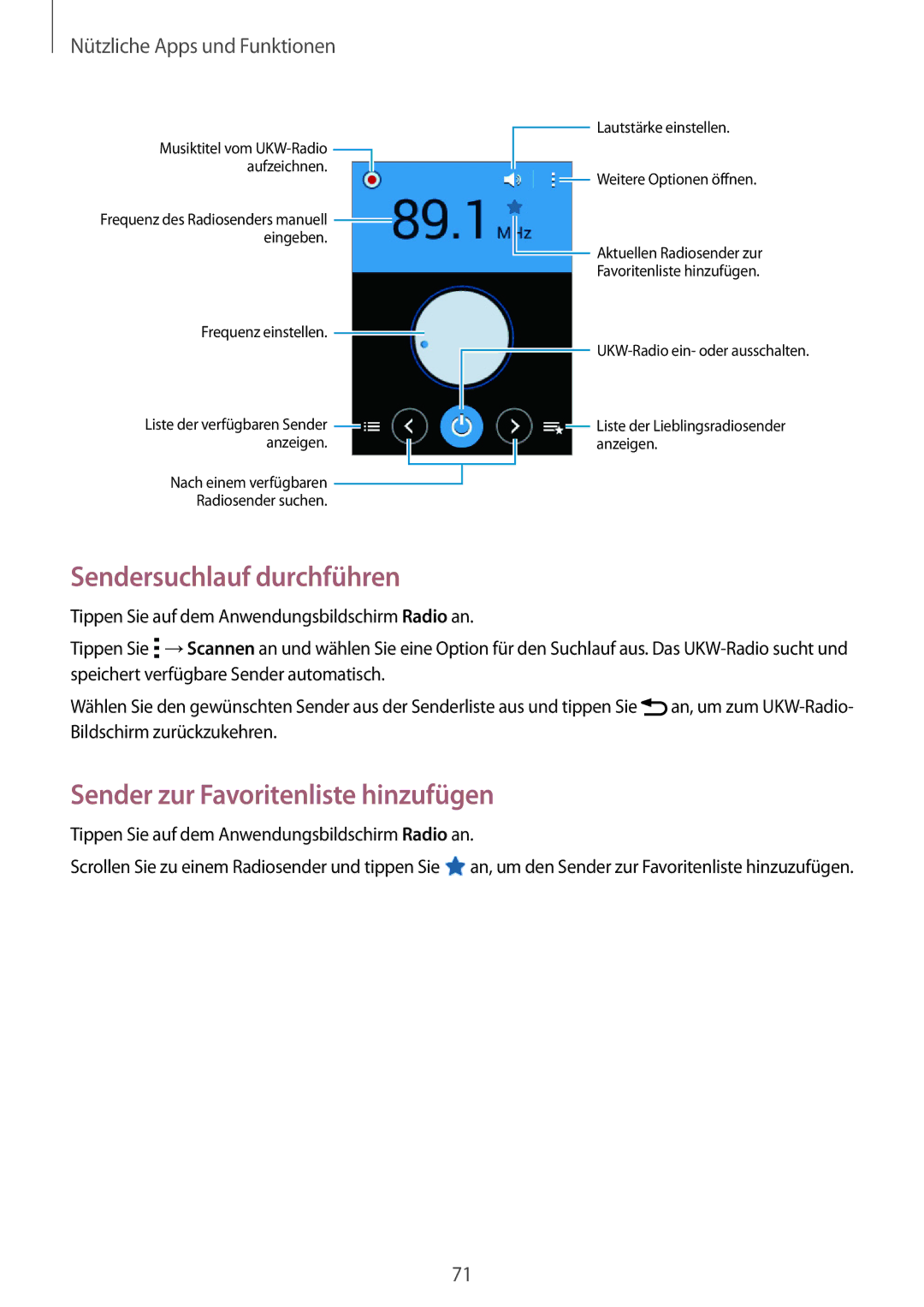 Samsung SM-G110HZWADBT, SM-G110HZKAXEO, SM-G110HZKADBT Sendersuchlauf durchführen, Sender zur Favoritenliste hinzufügen 