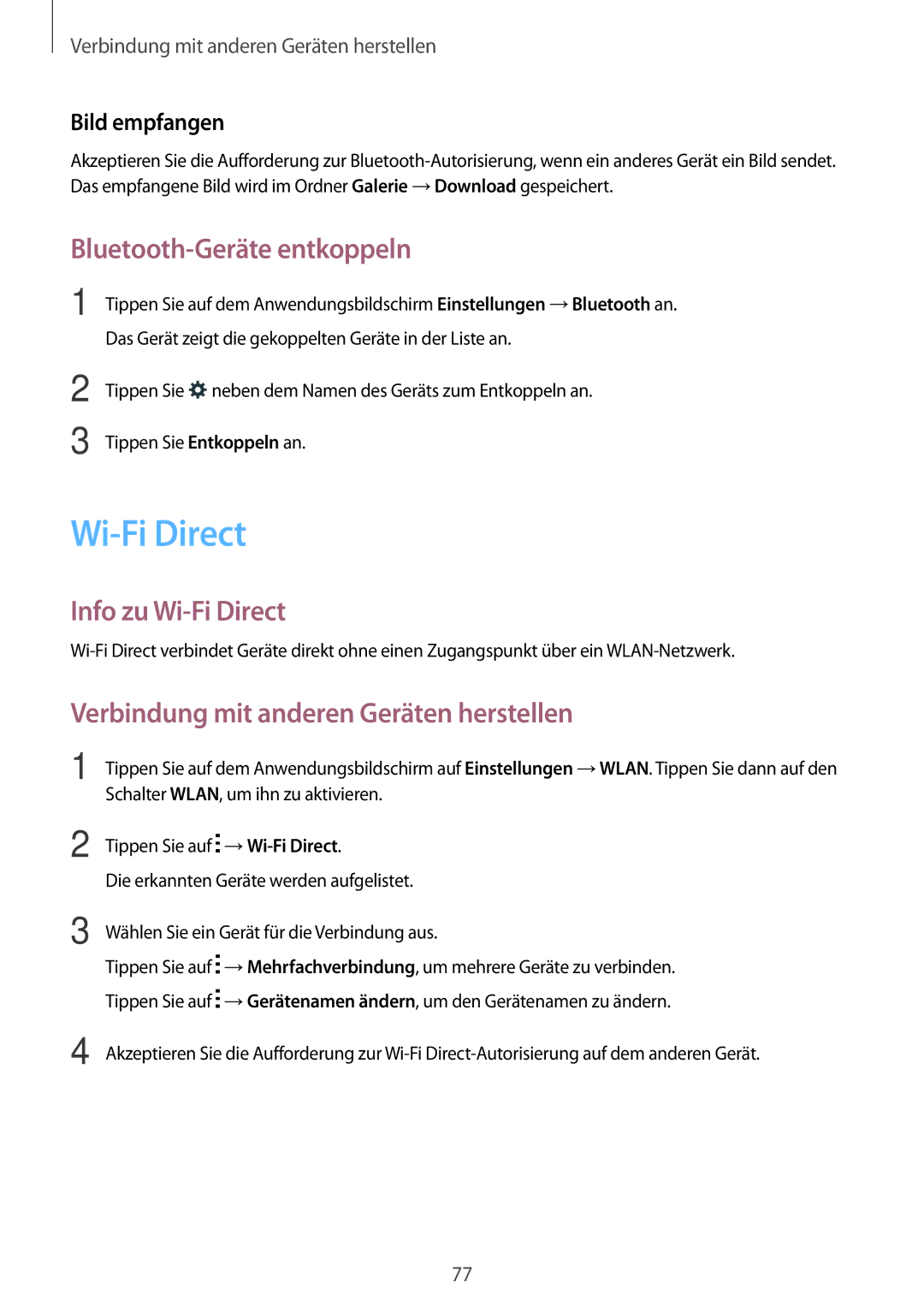 Samsung SM-G110HZKAMEO Bluetooth-Geräte entkoppeln, Info zu Wi-Fi Direct, Verbindung mit anderen Geräten herstellen 