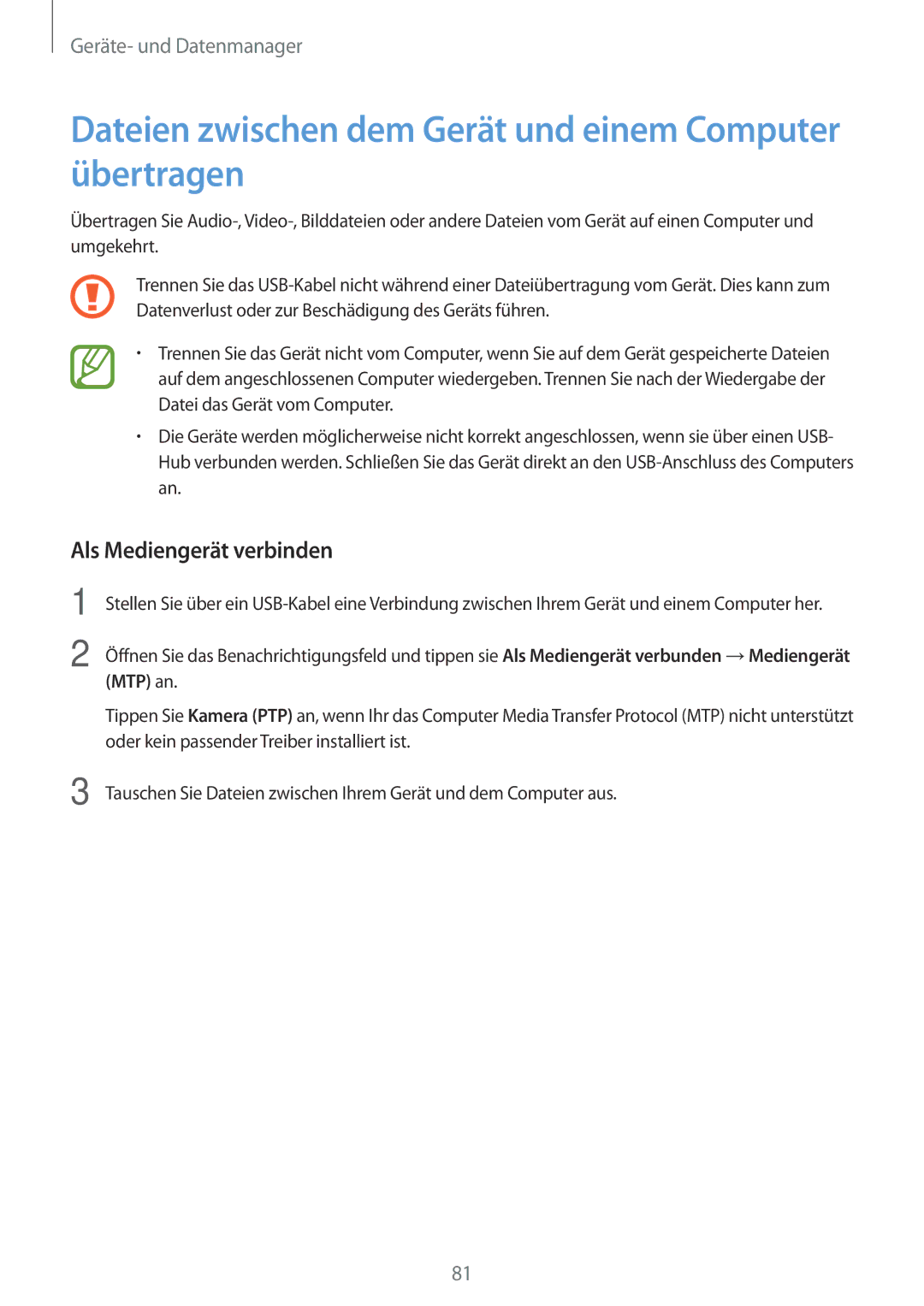 Samsung SM-G110HZWAMEO, SM-G110HZKAXEO Dateien zwischen dem Gerät und einem Computer übertragen, Als Mediengerät verbinden 