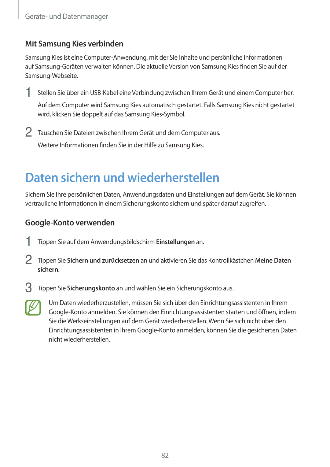 Samsung SM-G110HZWAXEF manual Daten sichern und wiederherstellen, Mit Samsung Kies verbinden, Google-Konto verwenden 