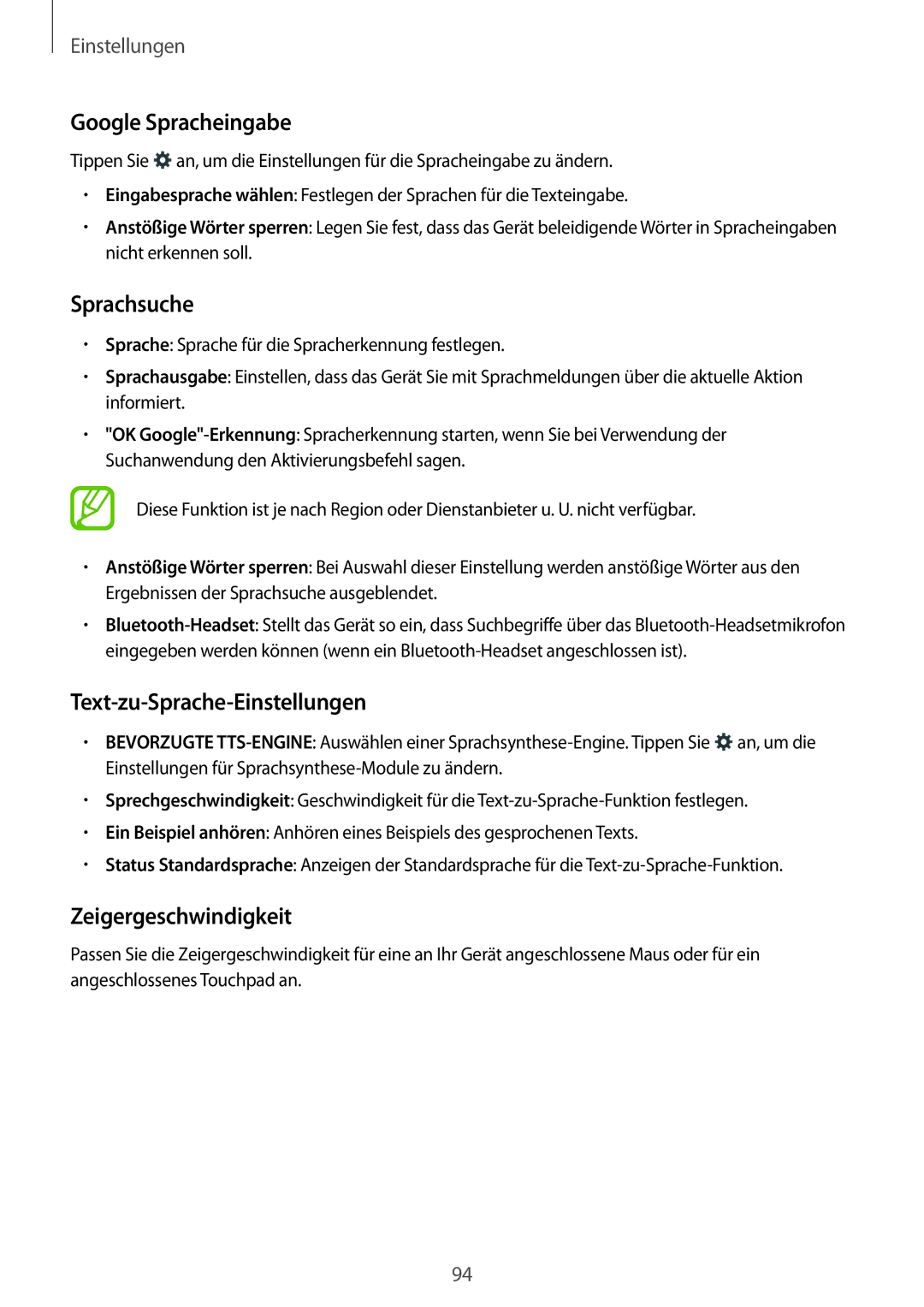 Samsung SM-G110HZKATPH manual Google Spracheingabe, Sprachsuche, Text-zu-Sprache-Einstellungen, Zeigergeschwindigkeit 