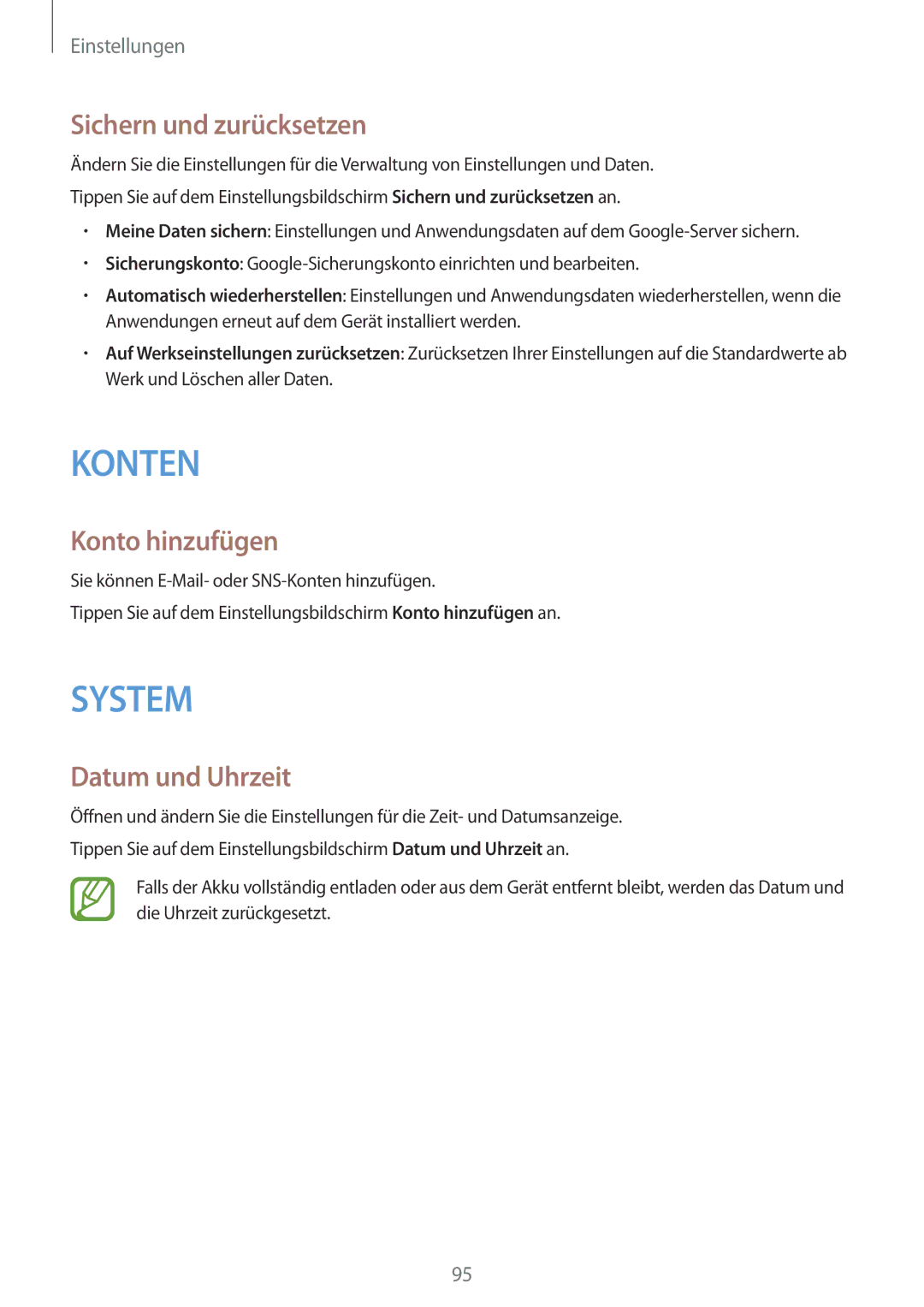 Samsung SM-G110HZWAMEO, SM-G110HZKAXEO, SM-G110HZWADBT manual Sichern und zurücksetzen, Konto hinzufügen, Datum und Uhrzeit 