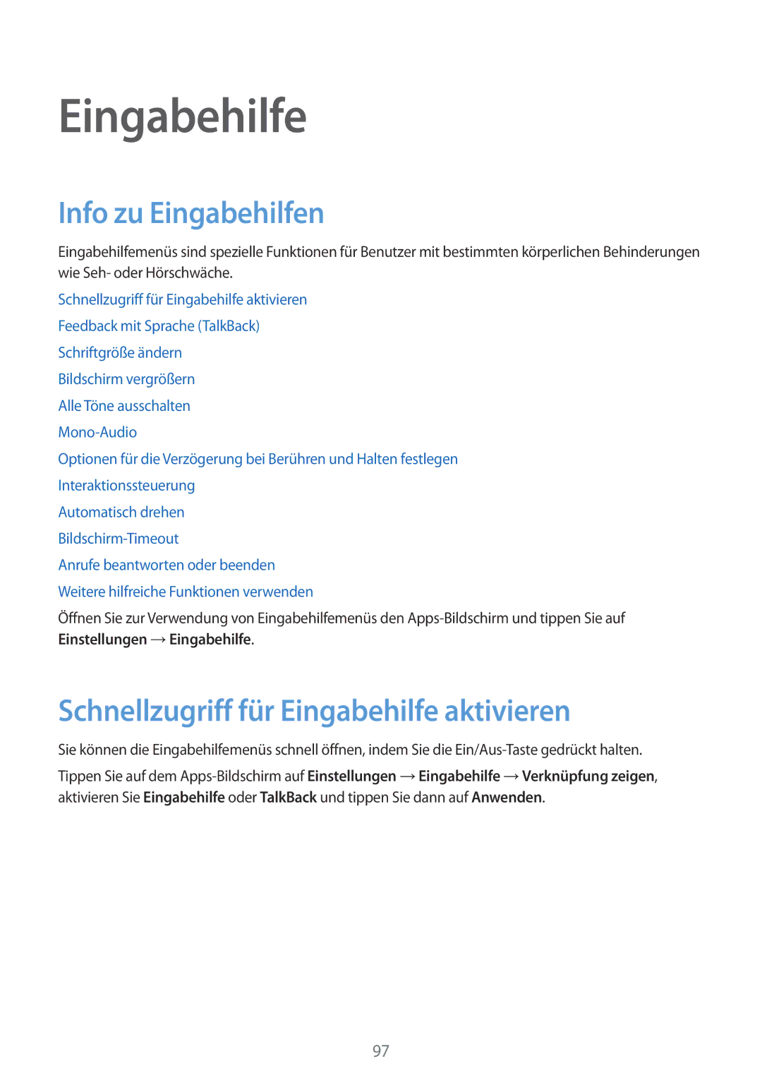 Samsung SM-G110HZKAXEF, SM-G110HZKAXEO manual Info zu Eingabehilfen, Schnellzugriff für Eingabehilfe aktivieren 