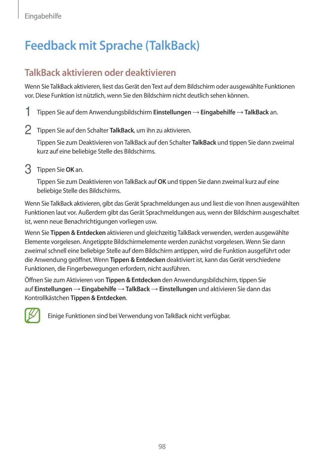 Samsung SM-G110HZKAXEO, SM-G110HZWADBT, SM-G110HZKADBT Feedback mit Sprache TalkBack, TalkBack aktivieren oder deaktivieren 