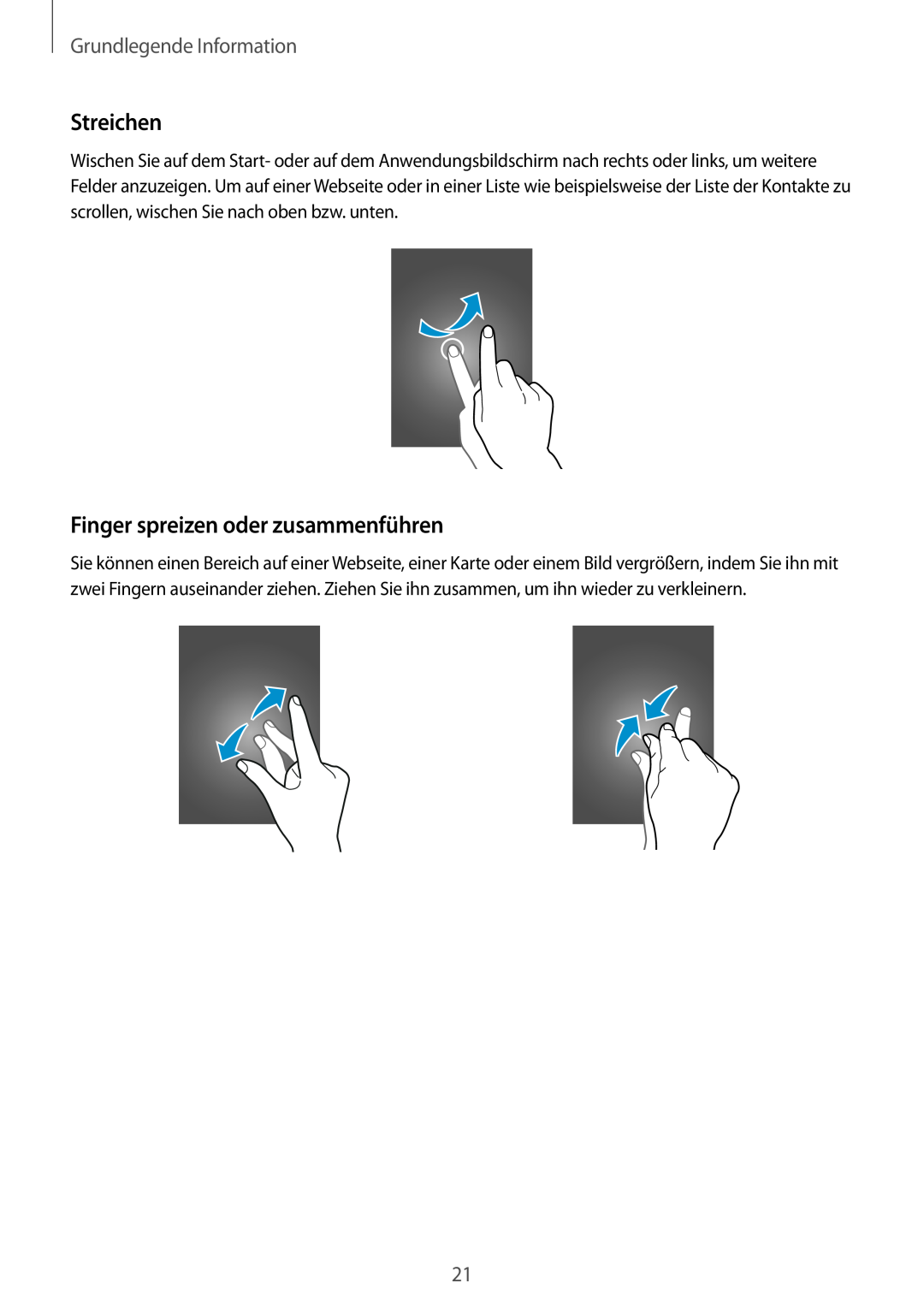 Samsung SM-G110HZKAMEO, SM-G110HZKAXEO manual Streichen, Finger spreizen oder zusammenführen, Grundlegende Information 