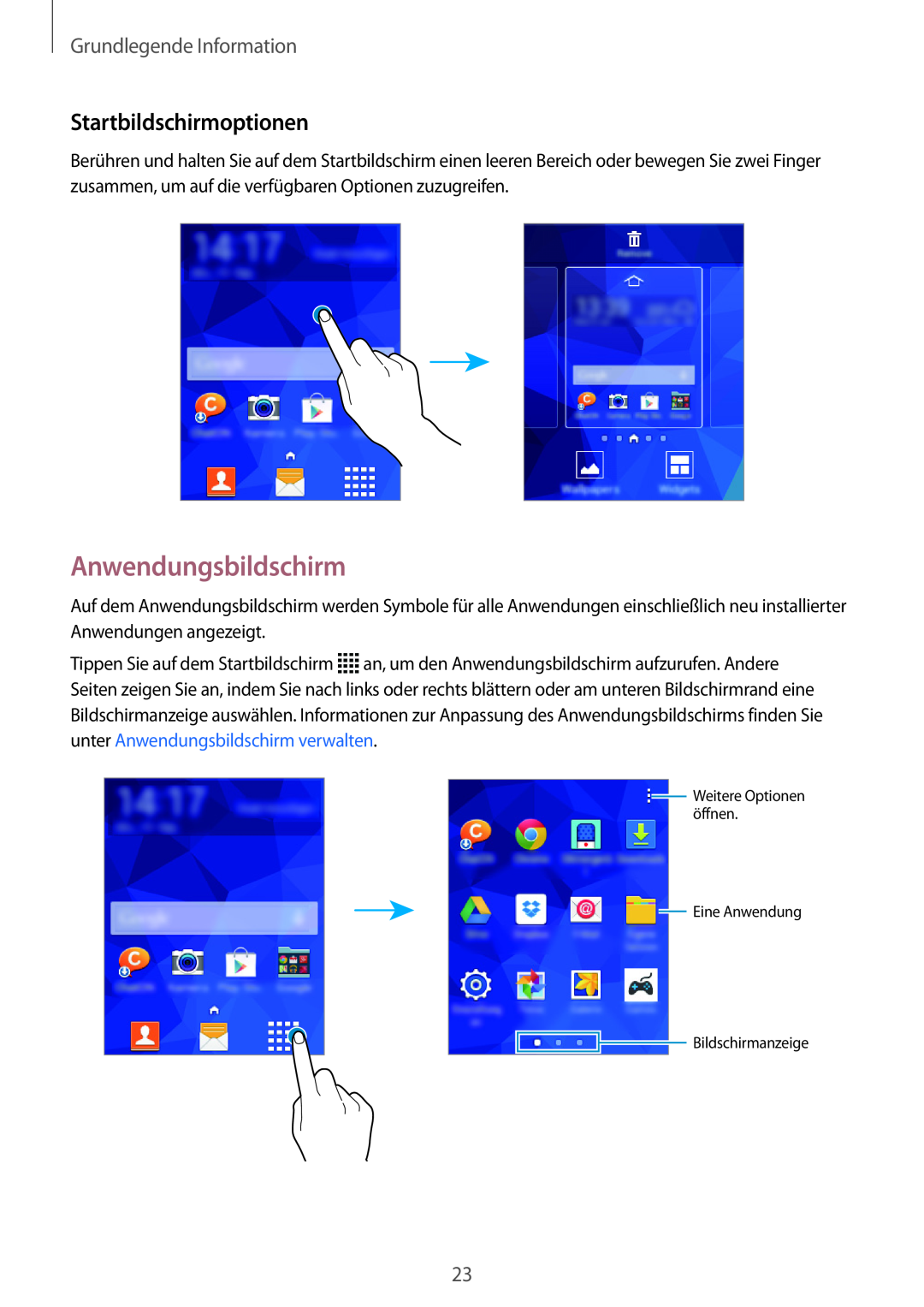 Samsung SM-G110HZKACOS, SM-G110HZKAXEO manual Anwendungsbildschirm, Startbildschirmoptionen, Grundlegende Information 