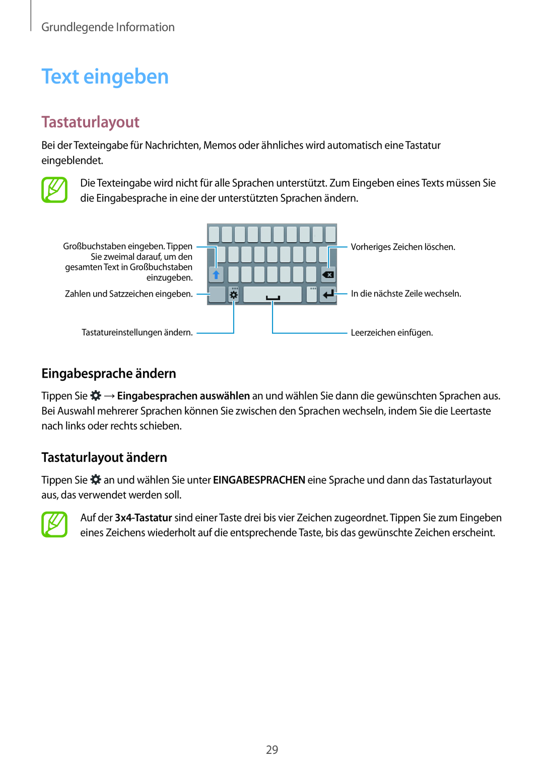 Samsung SM-G110HZWADBT manual Text eingeben, Eingabesprache ändern, Tastaturlayout ändern, Grundlegende Information 