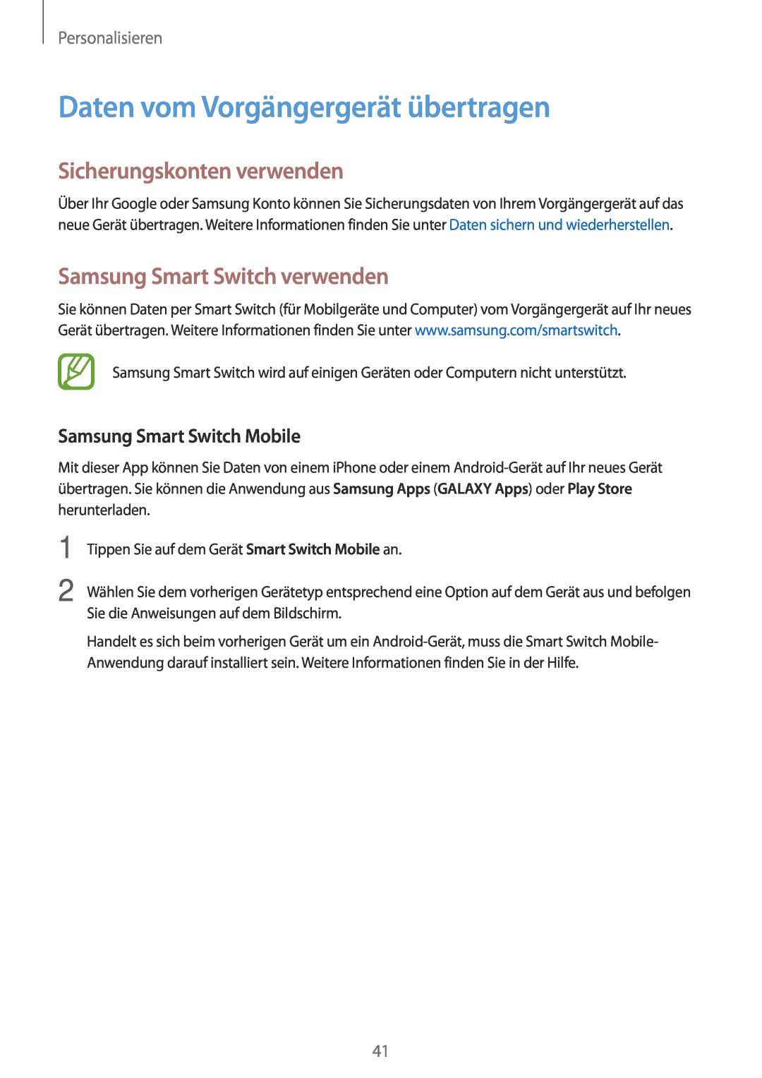 Samsung SM-G110HZKAXEF Daten vom Vorgängergerät übertragen, Sicherungskonten verwenden, Samsung Smart Switch verwenden 