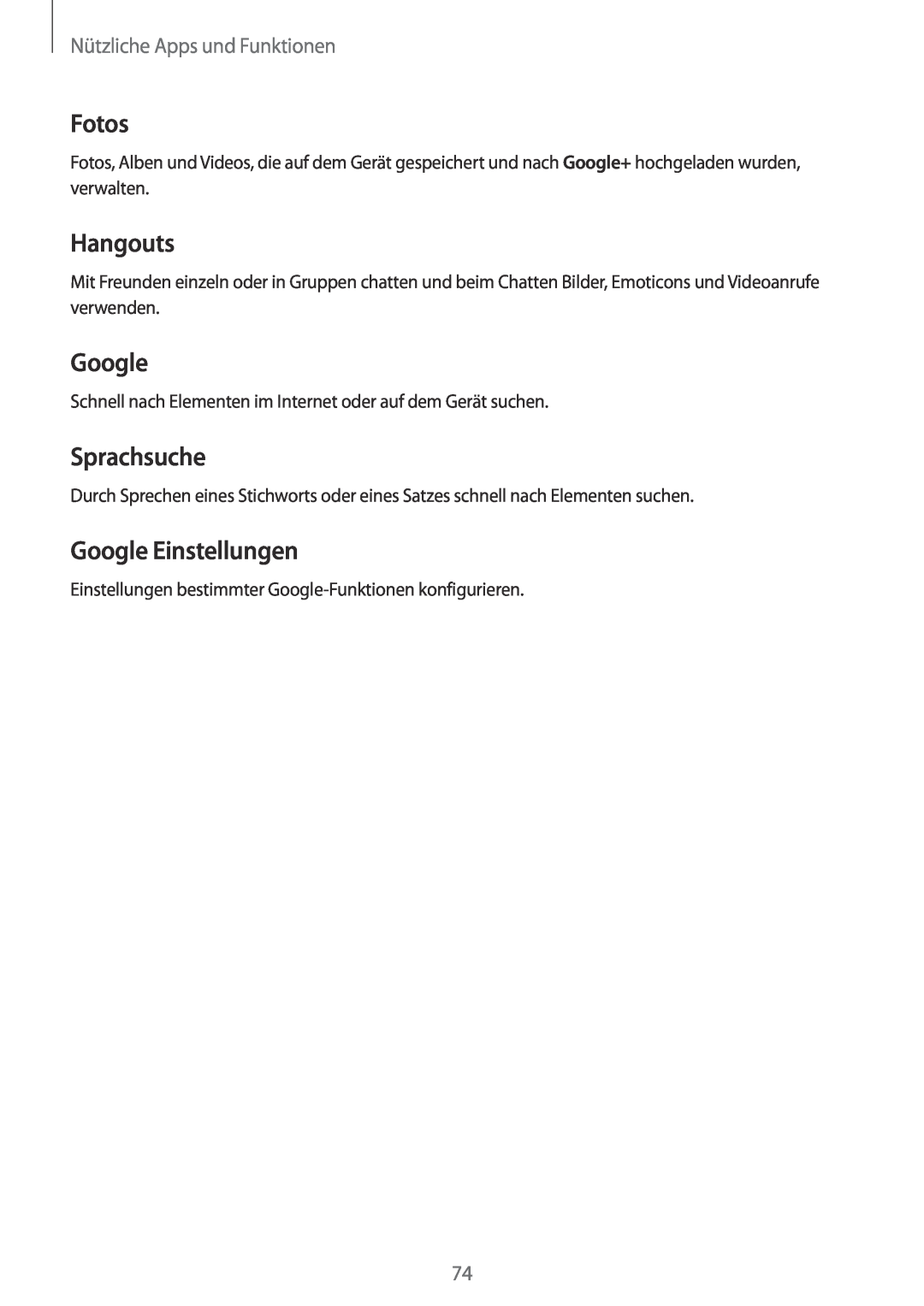 Samsung SM-G110HZWATPH manual Fotos, Hangouts, Sprachsuche, Google Einstellungen, Nützliche Apps und Funktionen 