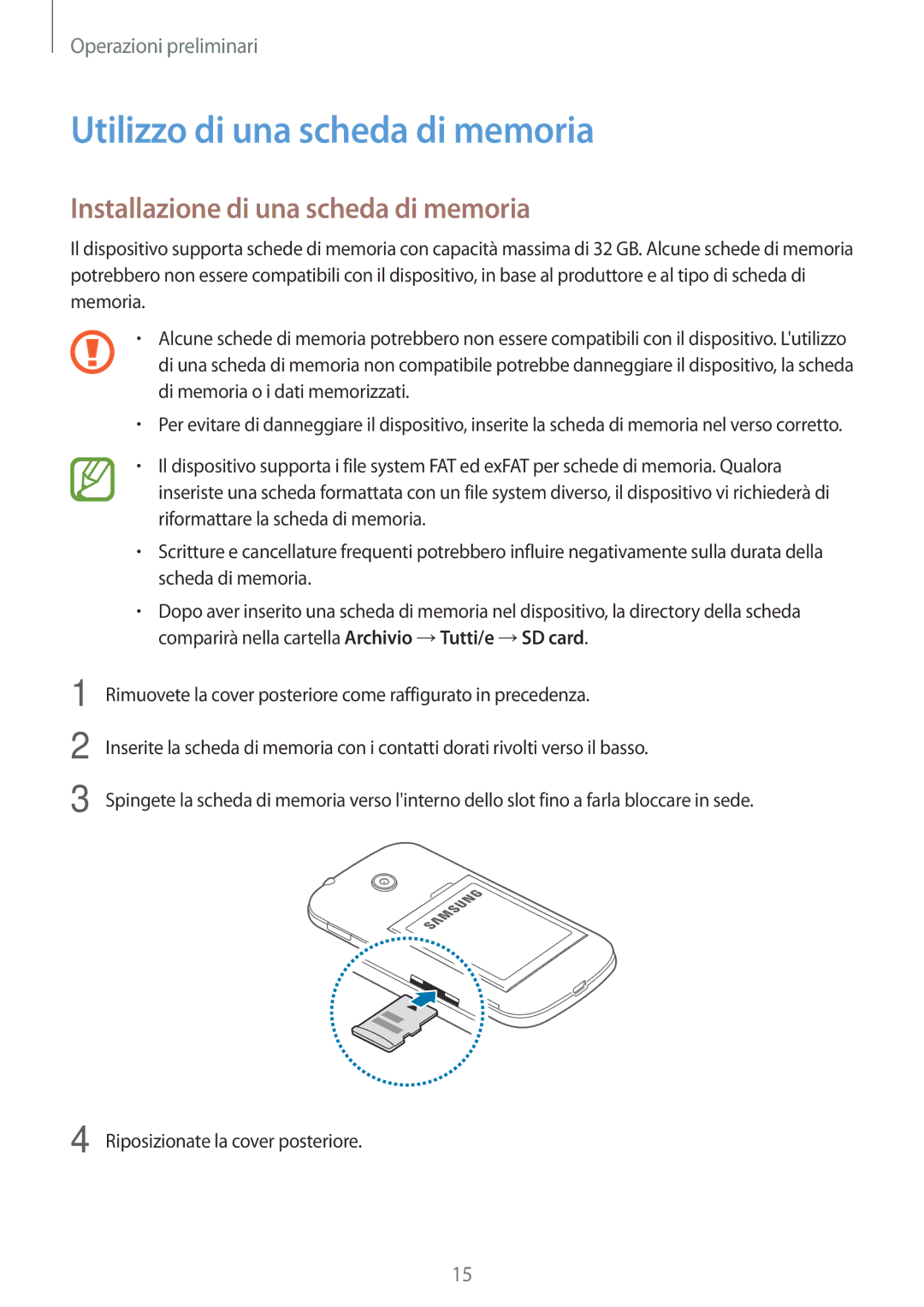 Samsung SM-G110HZWAITV, SM-G110HZKAXEO manual Utilizzo di una scheda di memoria, Installazione di una scheda di memoria 