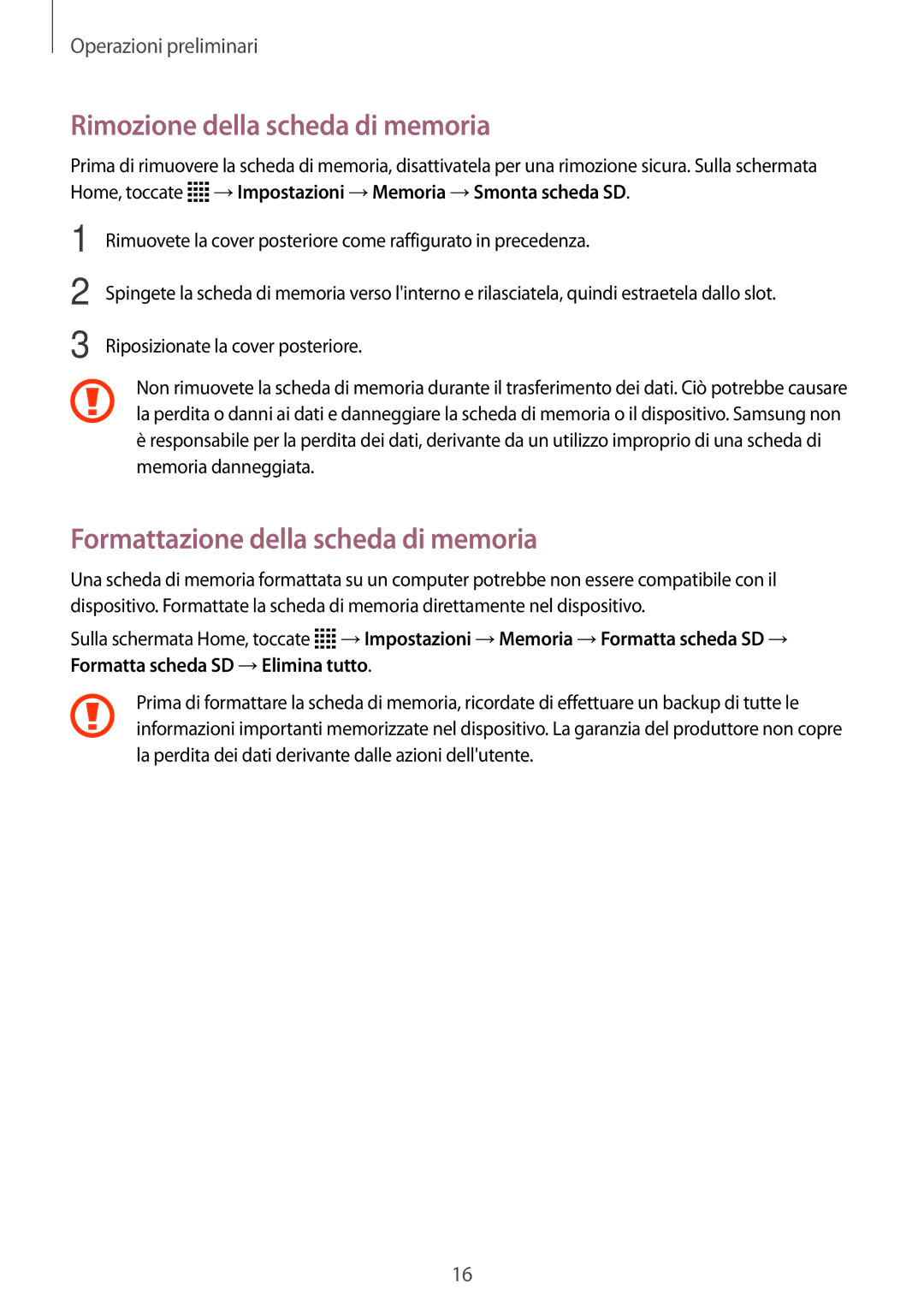 Samsung SM-G110HZKAXEO, SM-G110HZWAXEO manual Rimozione della scheda di memoria, Formattazione della scheda di memoria 