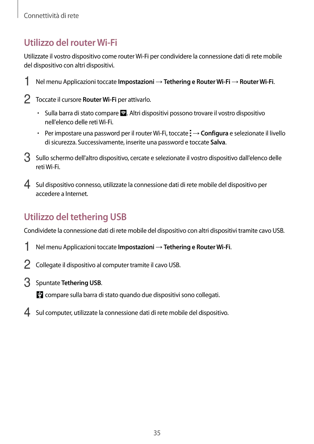 Samsung SM-G110HZWAITV, SM-G110HZKAXEO manual Utilizzo del router Wi-Fi, Utilizzo del tethering USB, Spuntate Tethering USB 