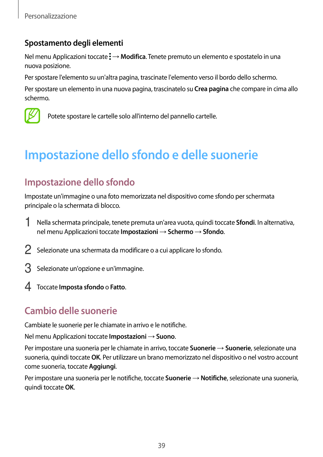 Samsung SM-G110HZWAITV manual Impostazione dello sfondo e delle suonerie, Cambio delle suonerie, Spostamento degli elementi 