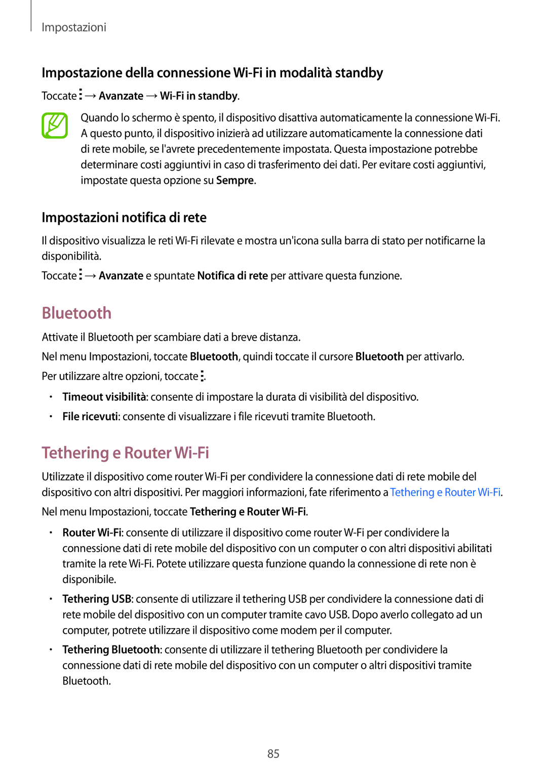 Samsung SM-G110HZWAXEO manual Bluetooth, Tethering e Router Wi-Fi, Impostazione della connessione Wi-Fi in modalità standby 