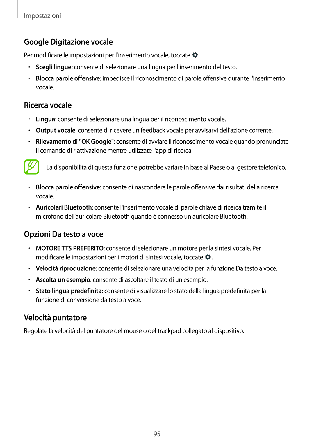 Samsung SM-G110HZWAITV manual Google Digitazione vocale, Ricerca vocale, Opzioni Da testo a voce, Velocità puntatore 