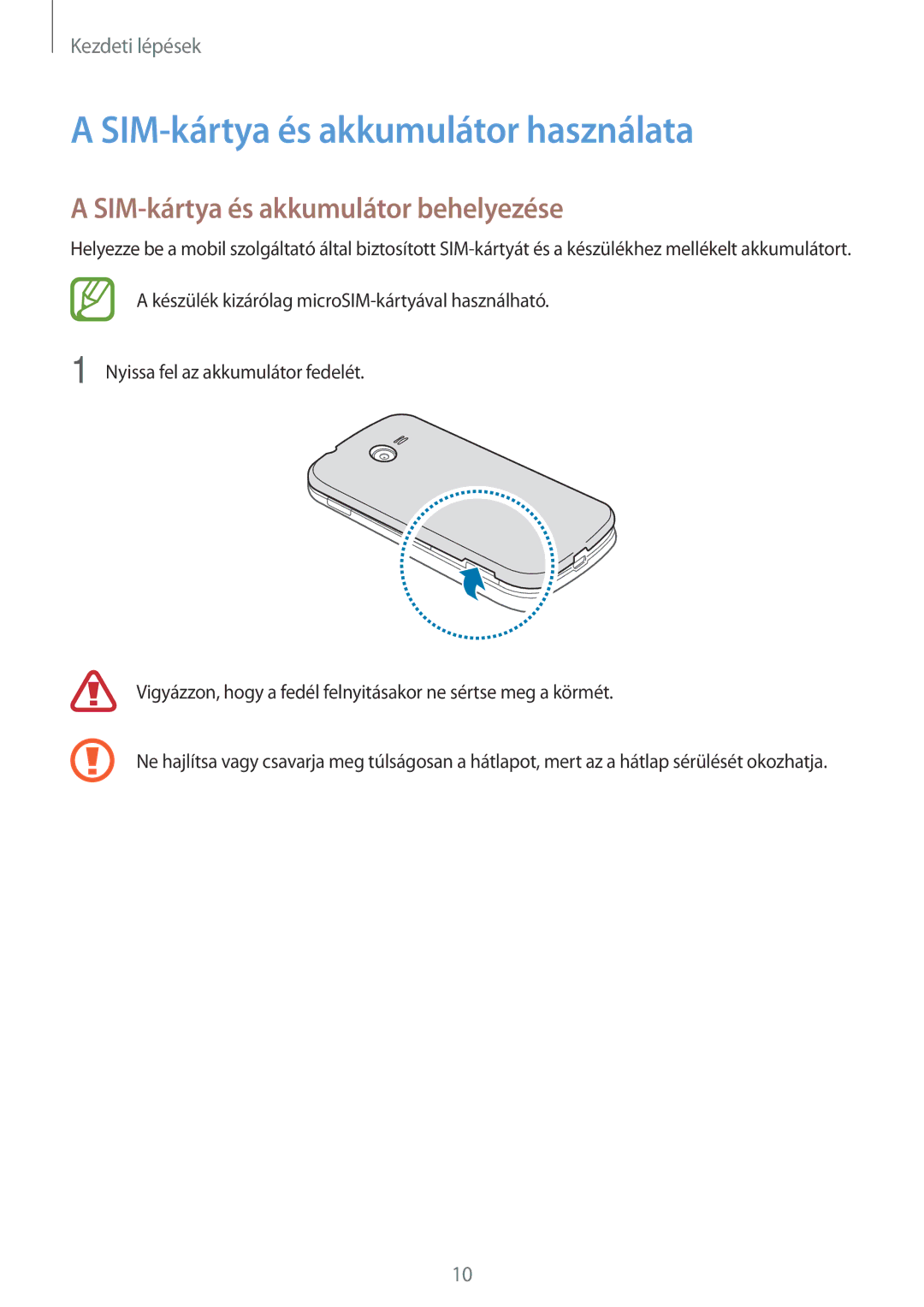 Samsung SM-G110HZKAXEH, SM-G110HZKAXEO manual SIM-kártya és akkumulátor használata, SIM-kártya és akkumulátor behelyezése 