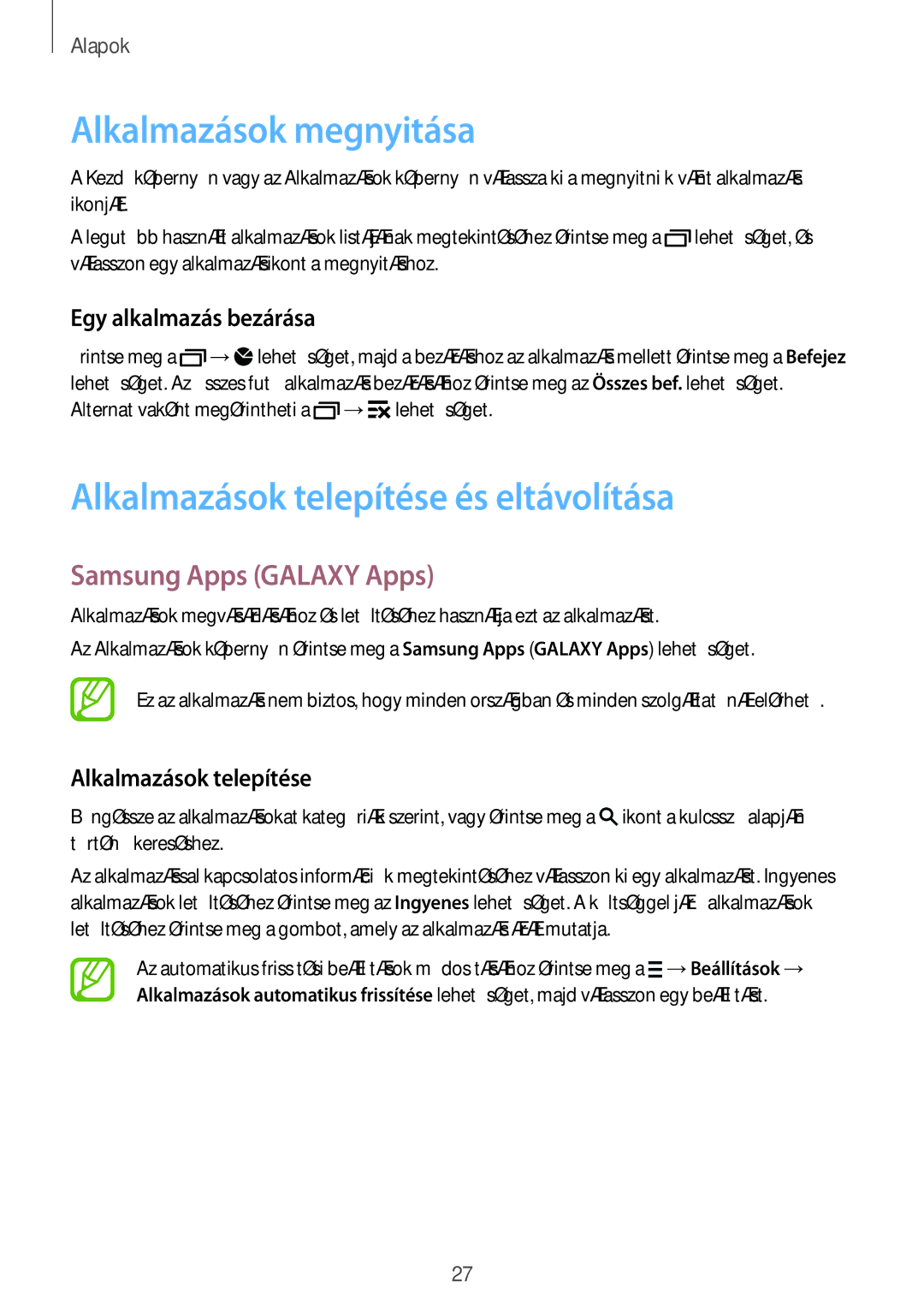 Samsung SM-G110HZWATMH manual Alkalmazások megnyitása, Alkalmazások telepítése és eltávolítása, Samsung Apps Galaxy Apps 