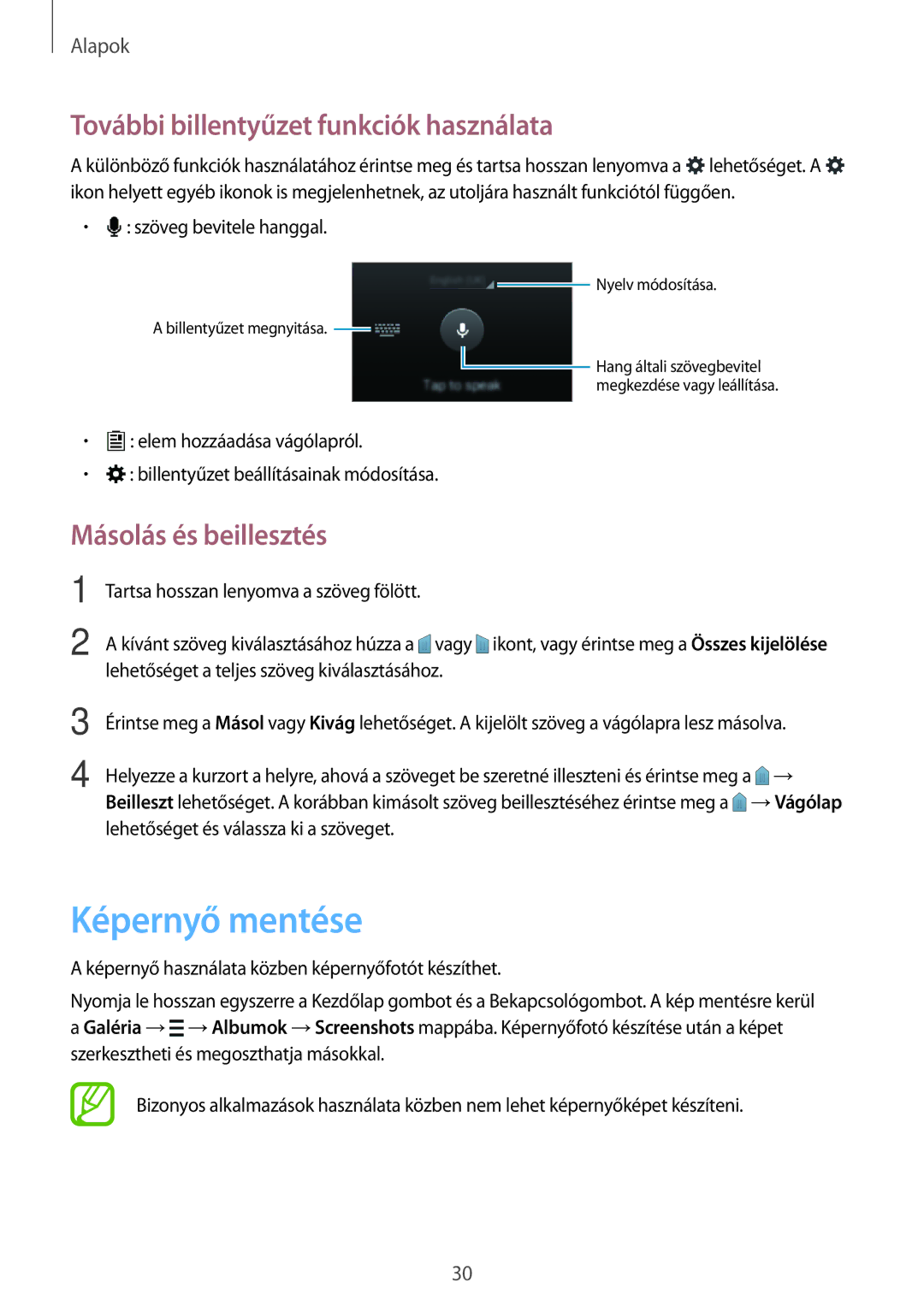 Samsung SM-G110HZKAXEO, SM-G110HZWAXEO Képernyő mentése, További billentyűzet funkciók használata, Másolás és beillesztés 